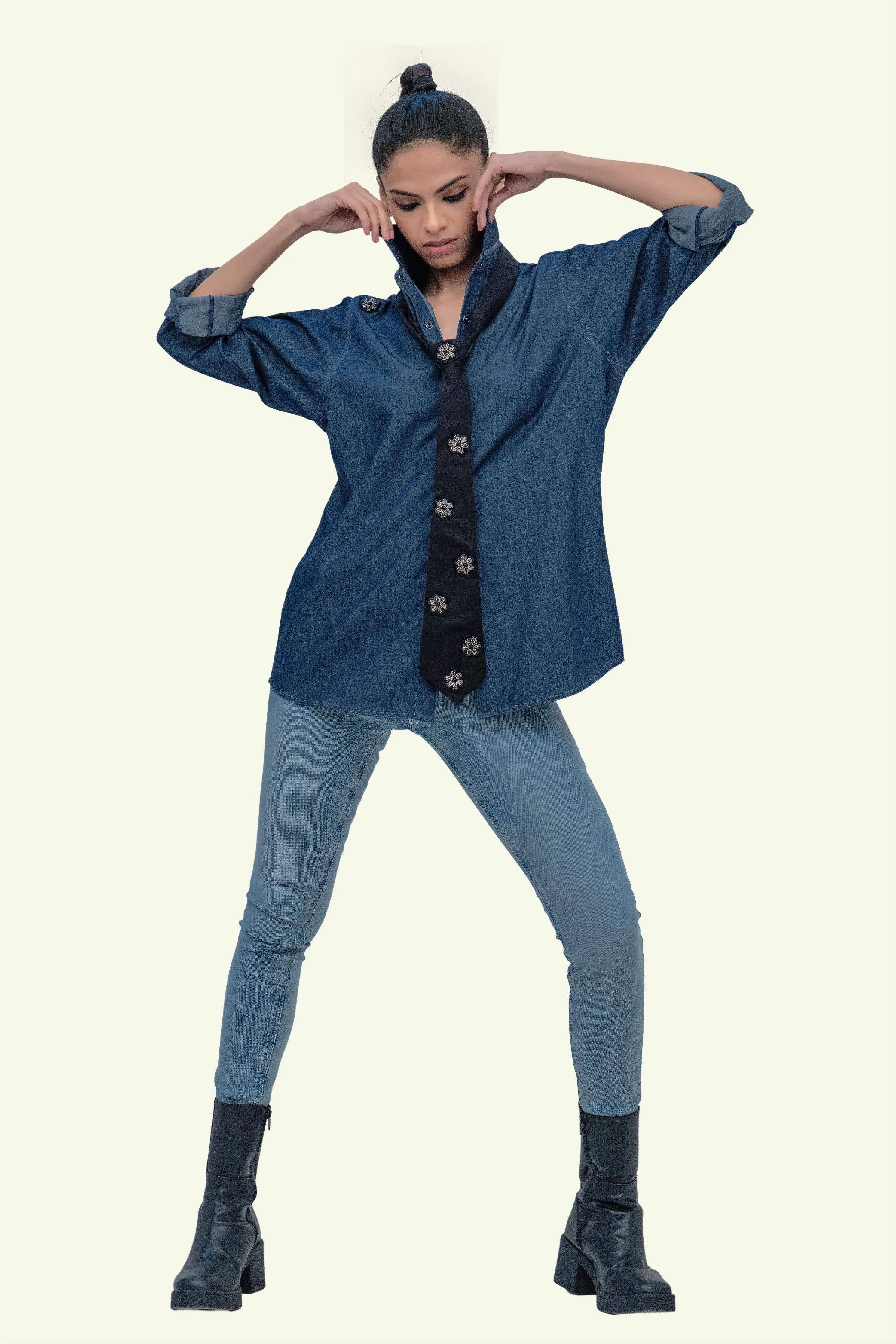 Denim Cotton Shirt with Black Cotton Tie