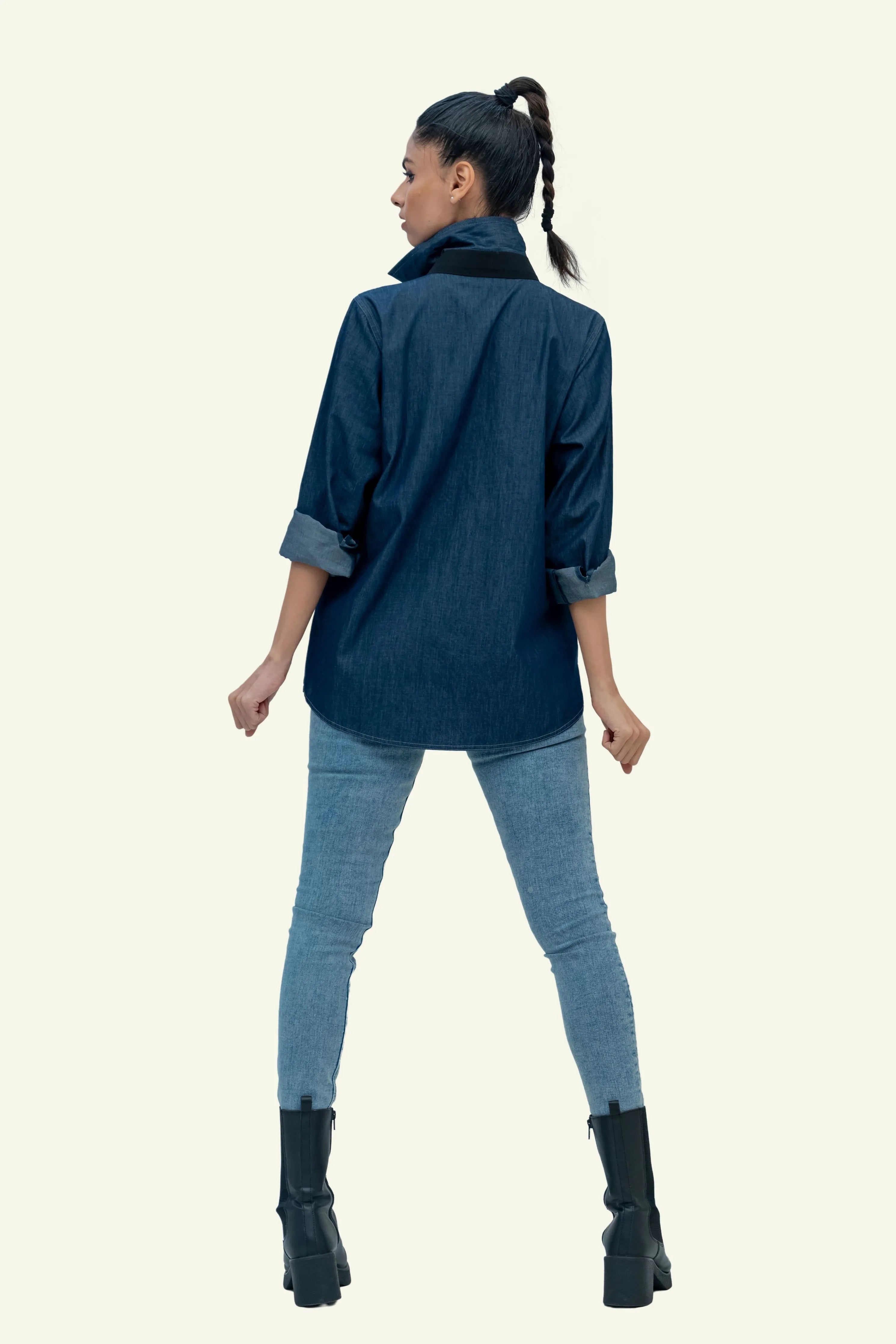 Denim Cotton Shirt with Black Cotton Tie