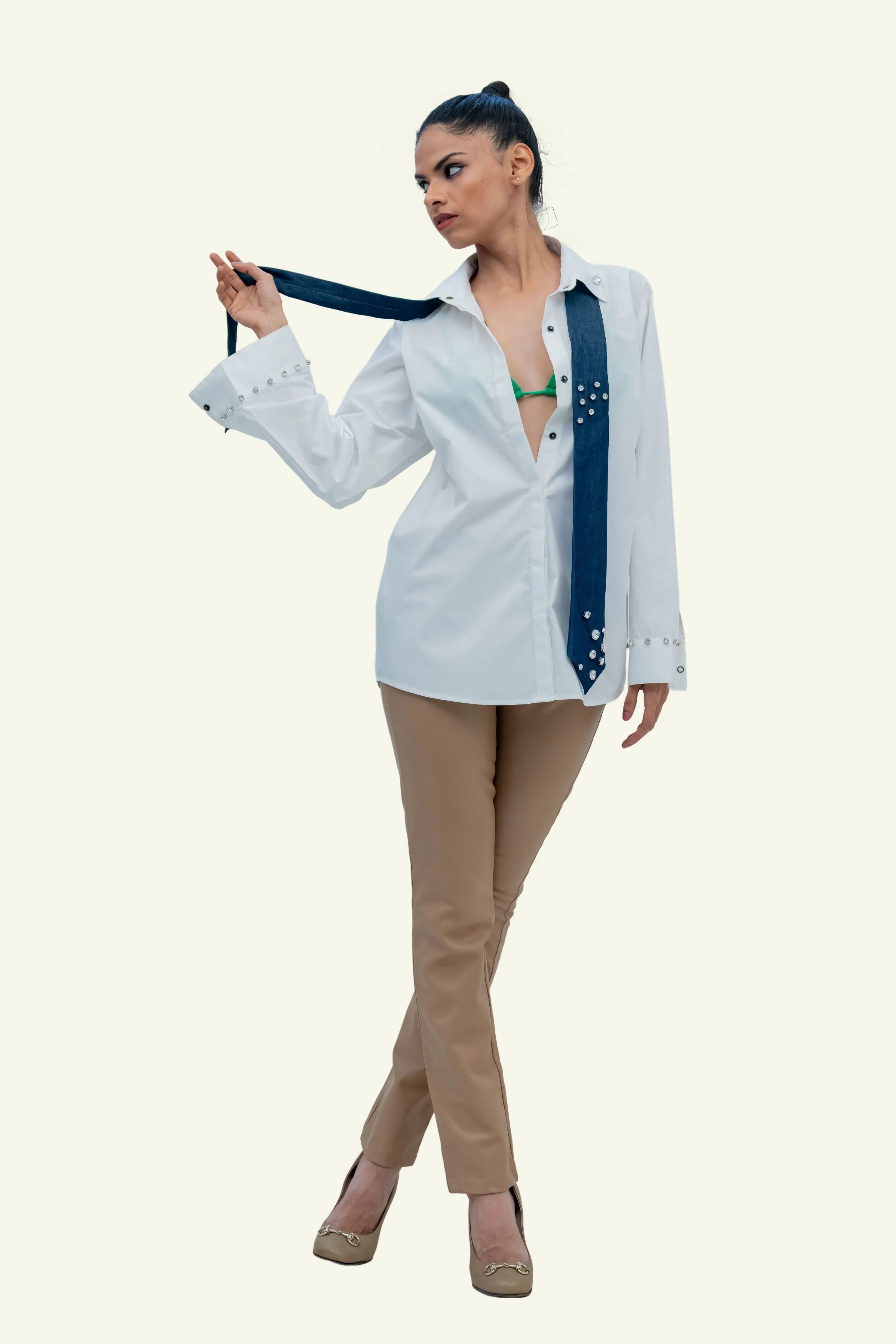 White Cotton Shirt with Denim Cotton Tie