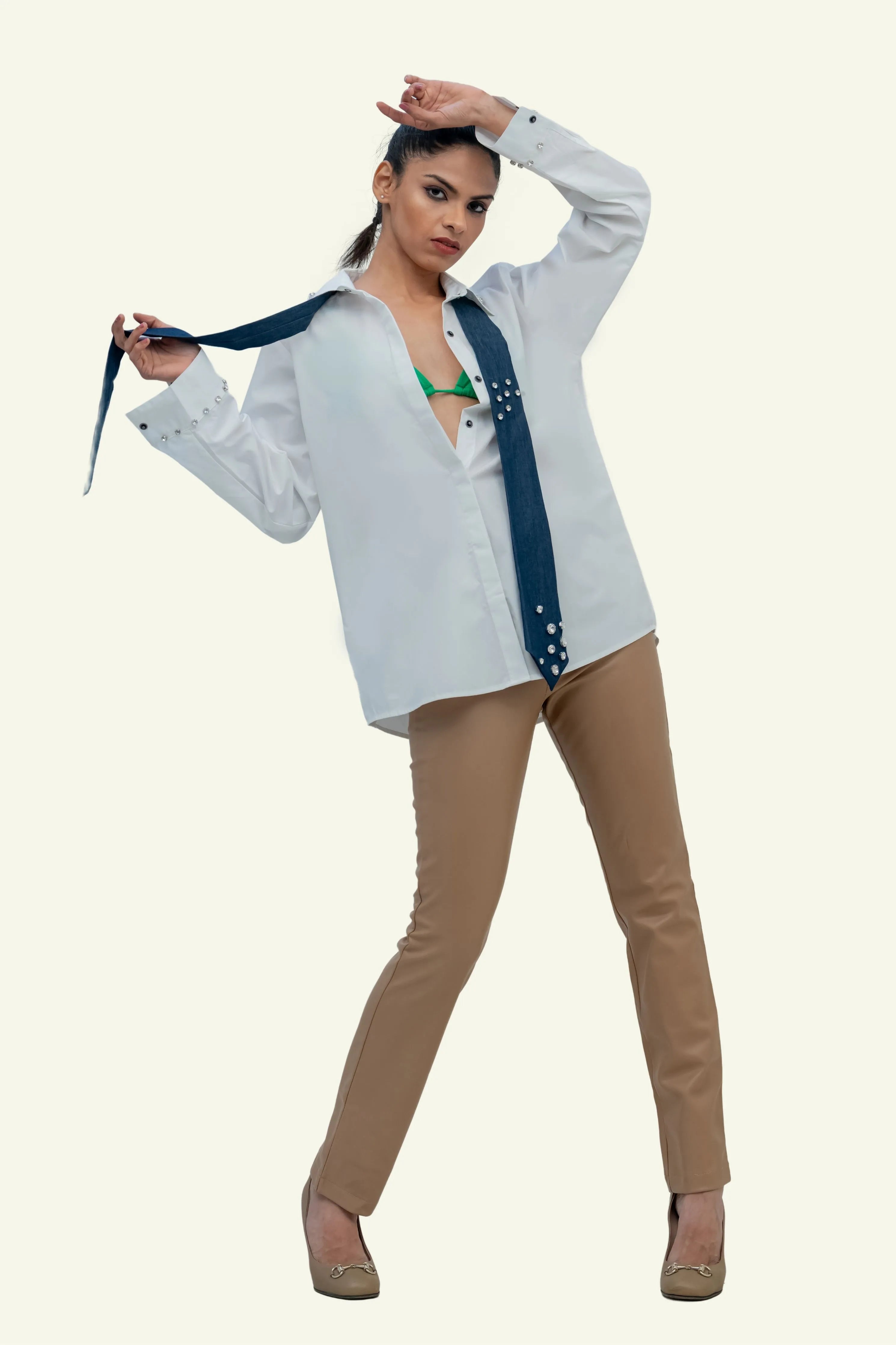 White Cotton Shirt with Denim Cotton Tie