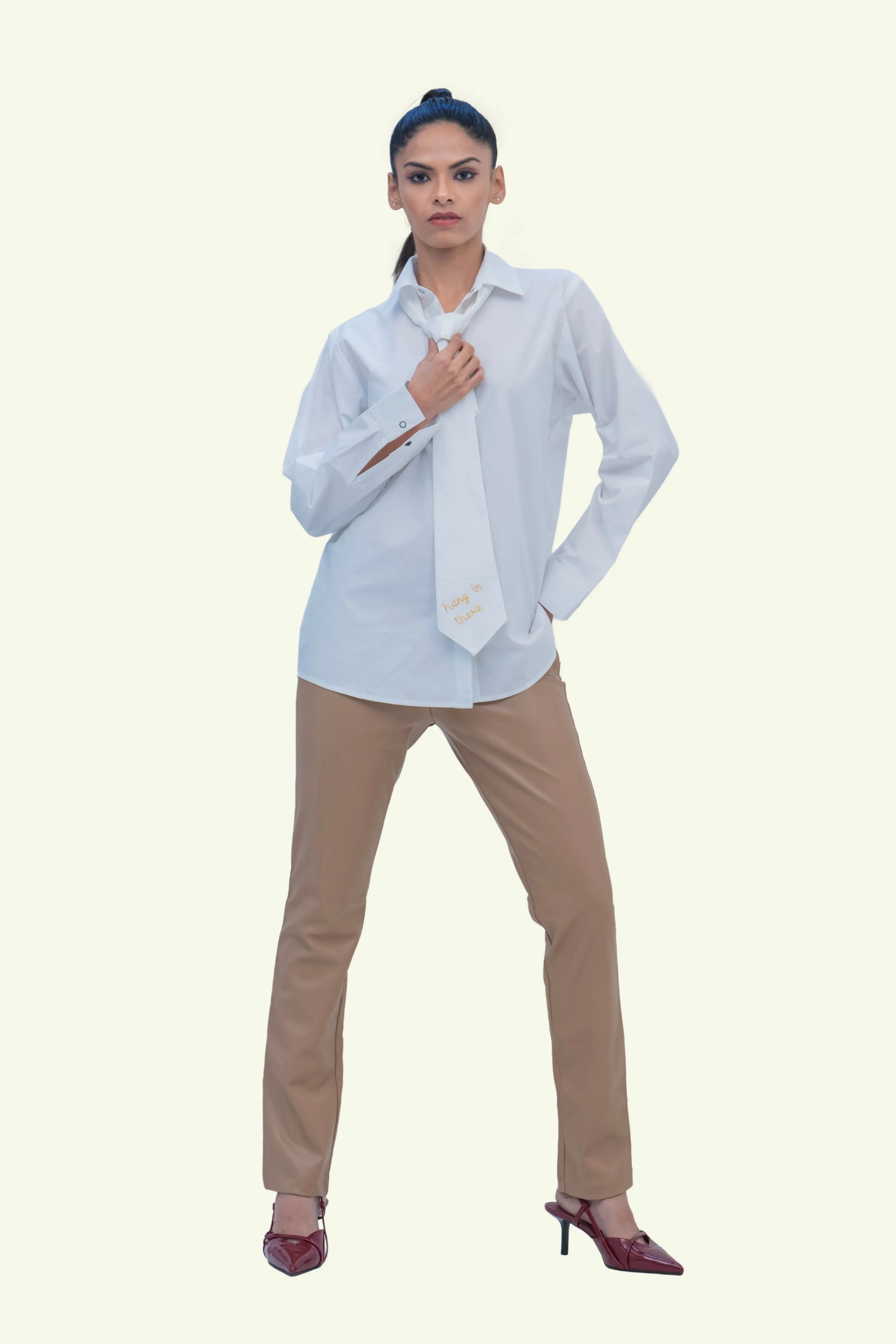 White Cotton Shirt with White Cotton Tie