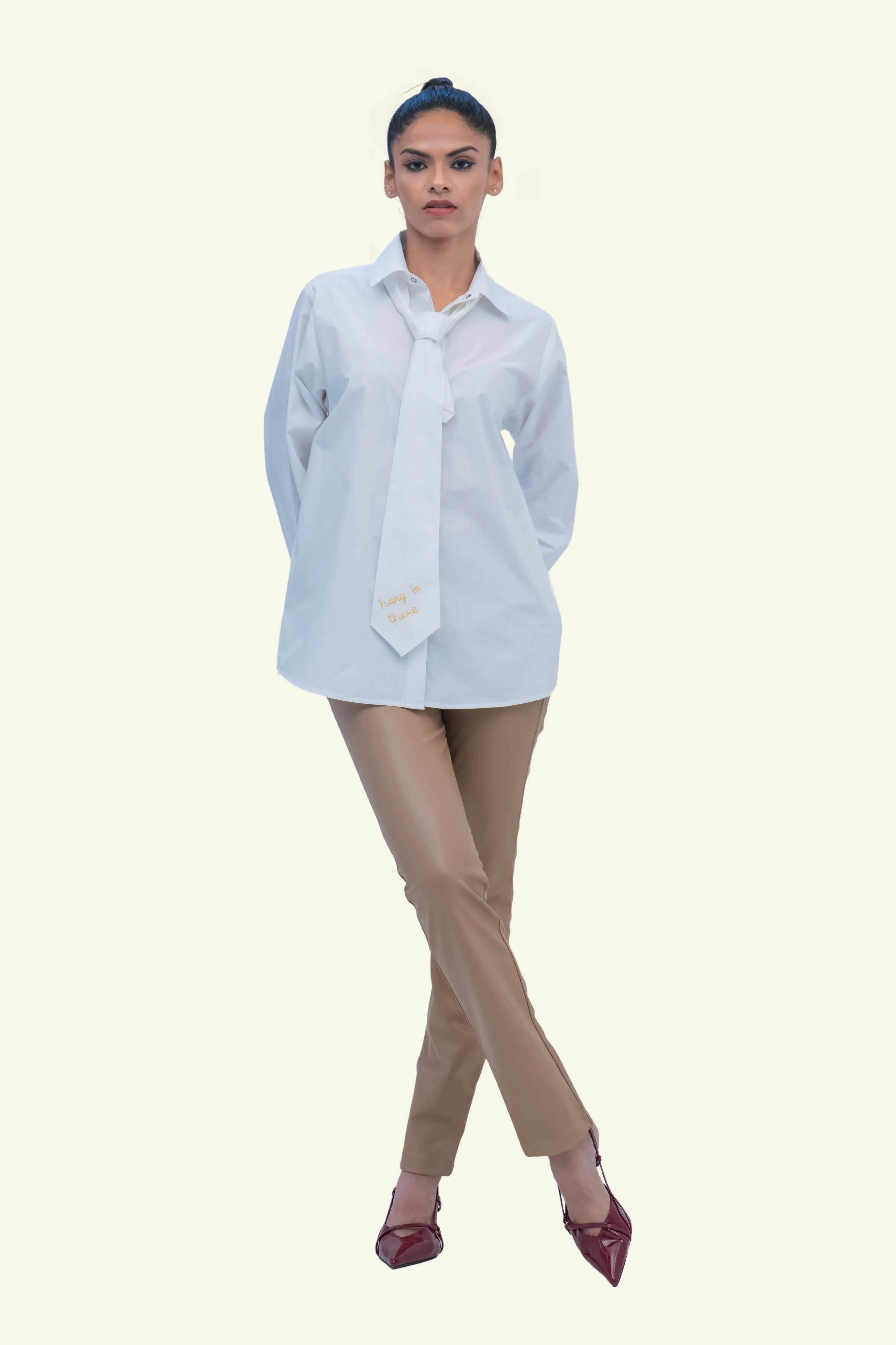 White Cotton Shirt with White Cotton Tie