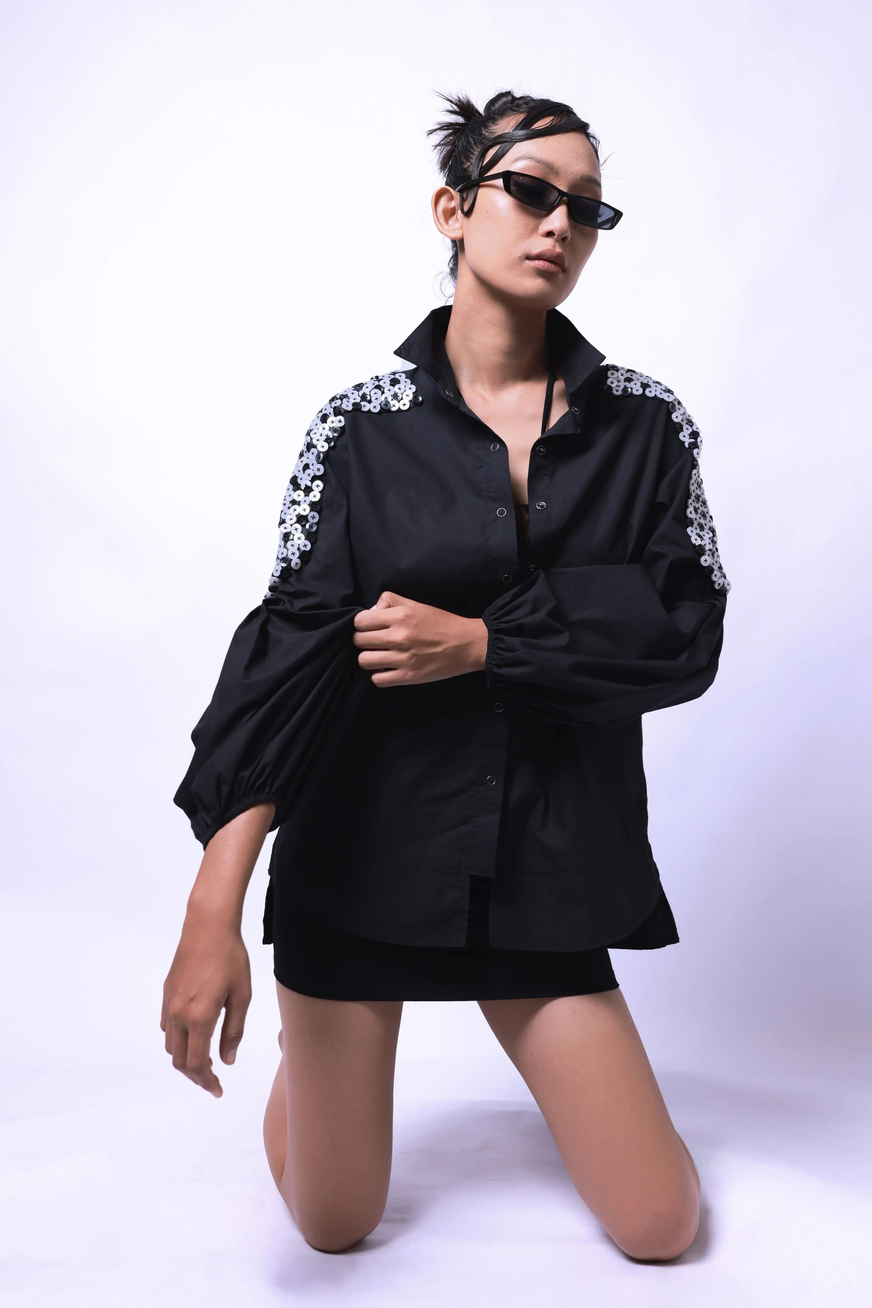 Black Comfort Fit Cotton Shirt With Balloon Sleeves