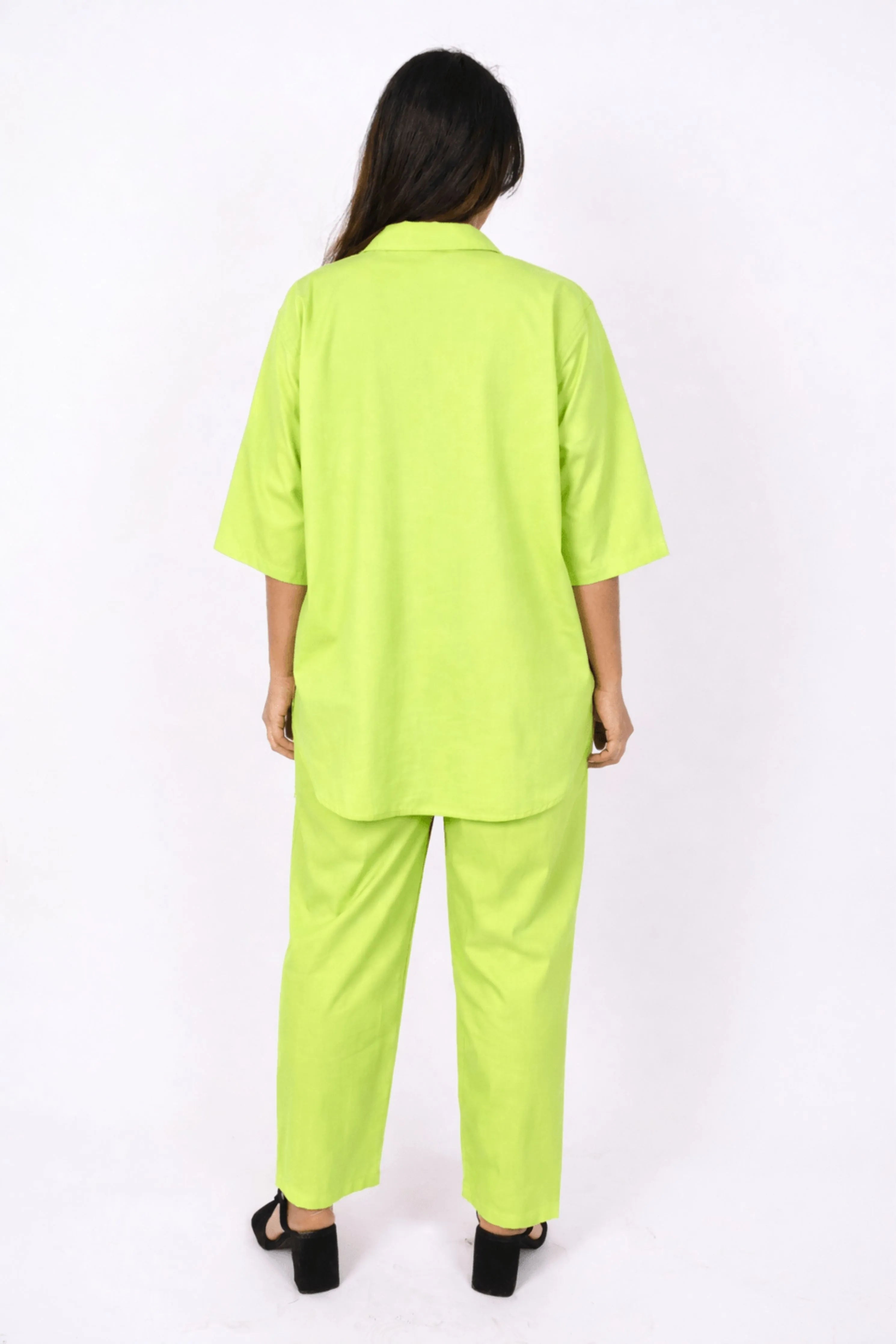 Neon Green Cotton Co-Ord Set With Oversized Shirt And Straight Pants