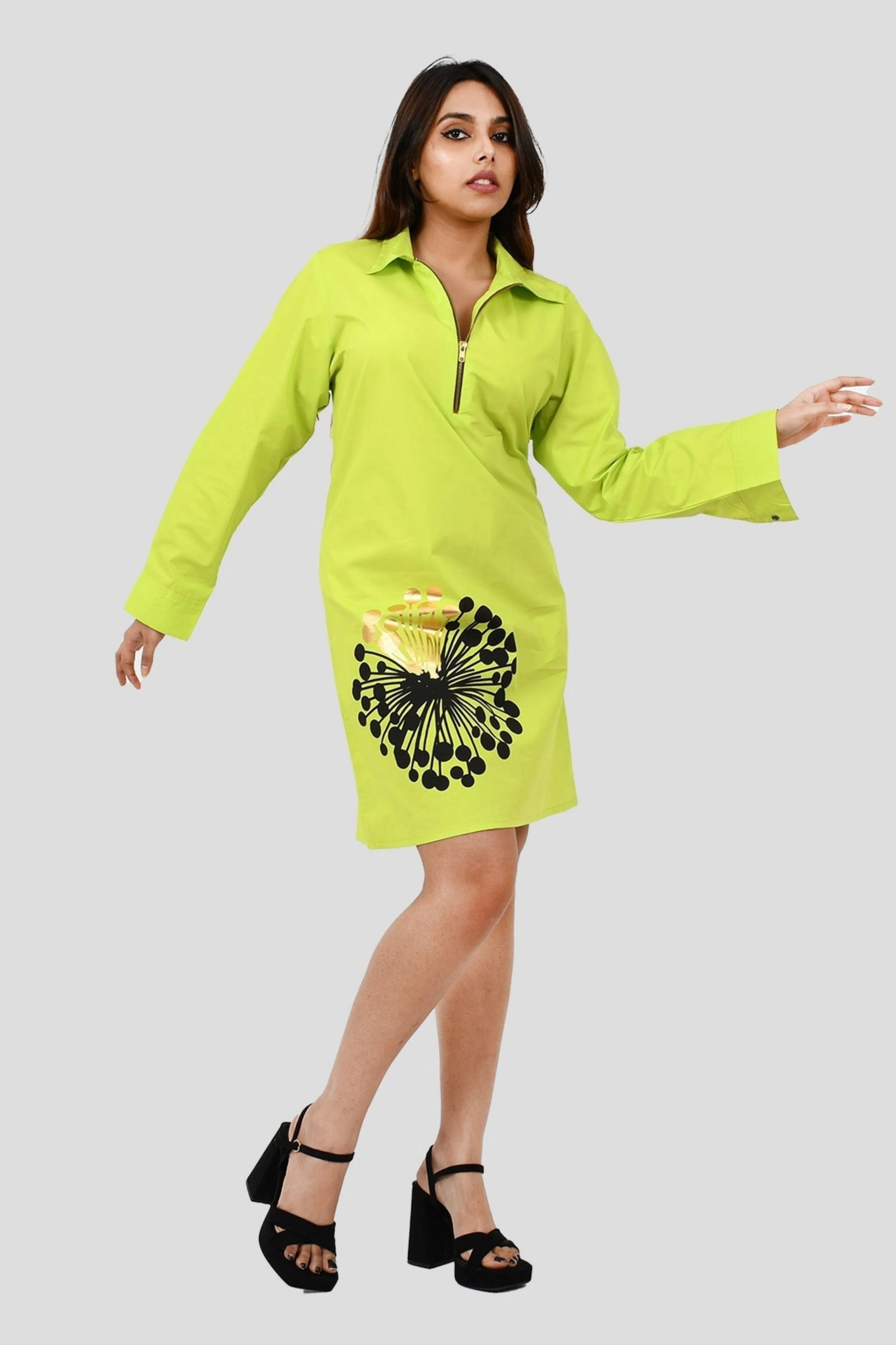 Neon Green One Piece Cotton Dress With Print