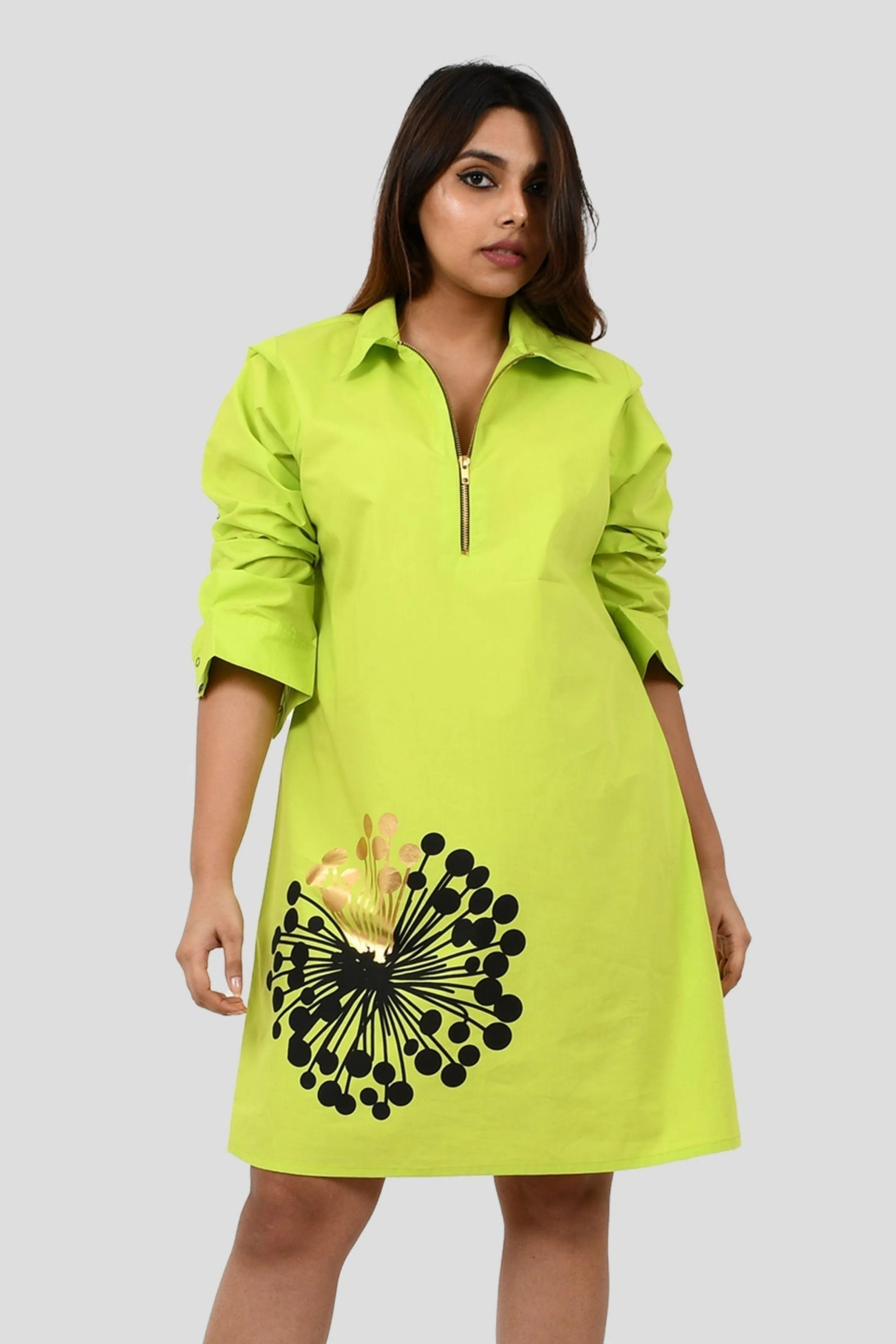 Neon Green One Piece Cotton Dress With Print