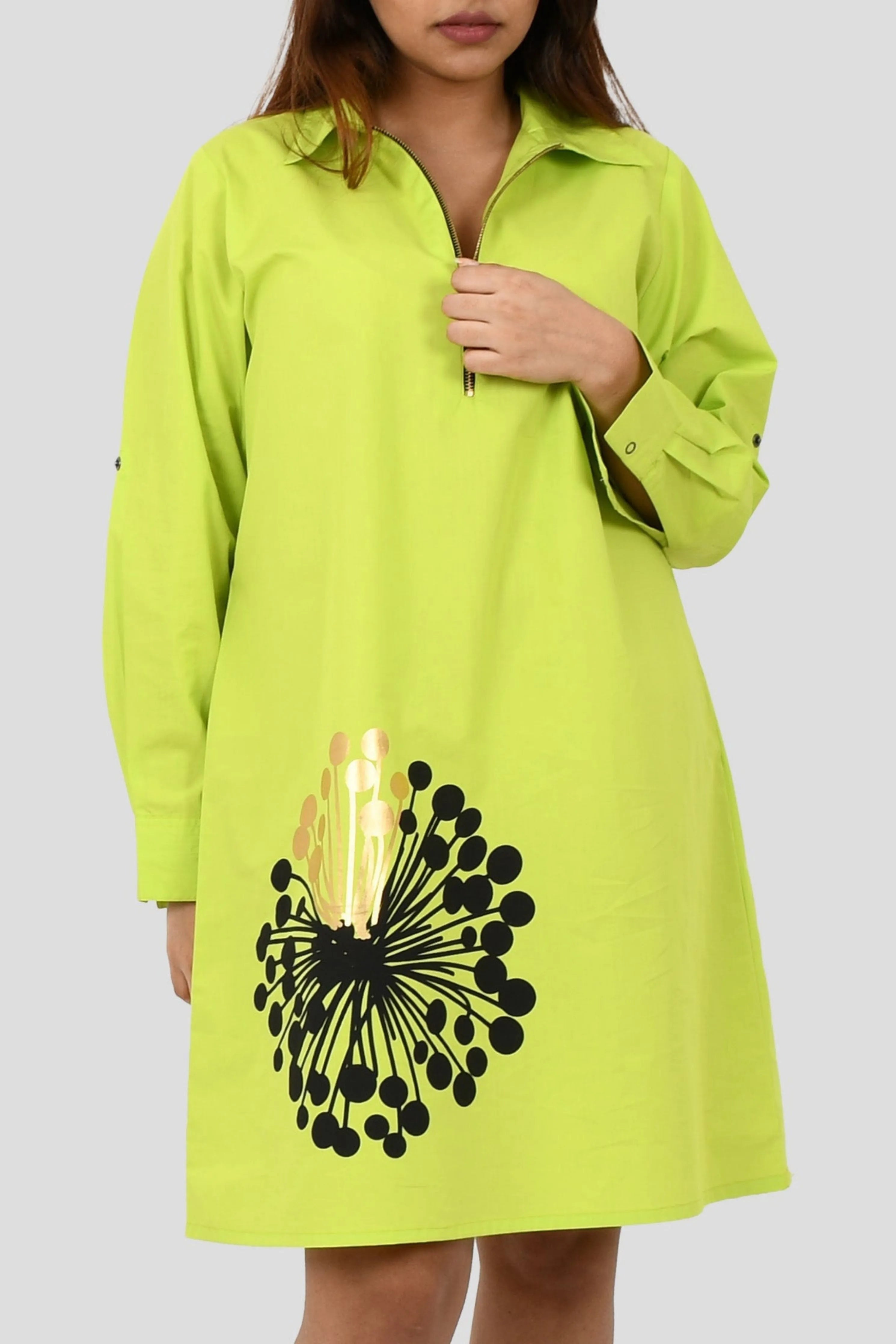 Neon Green One Piece Cotton Dress With Print