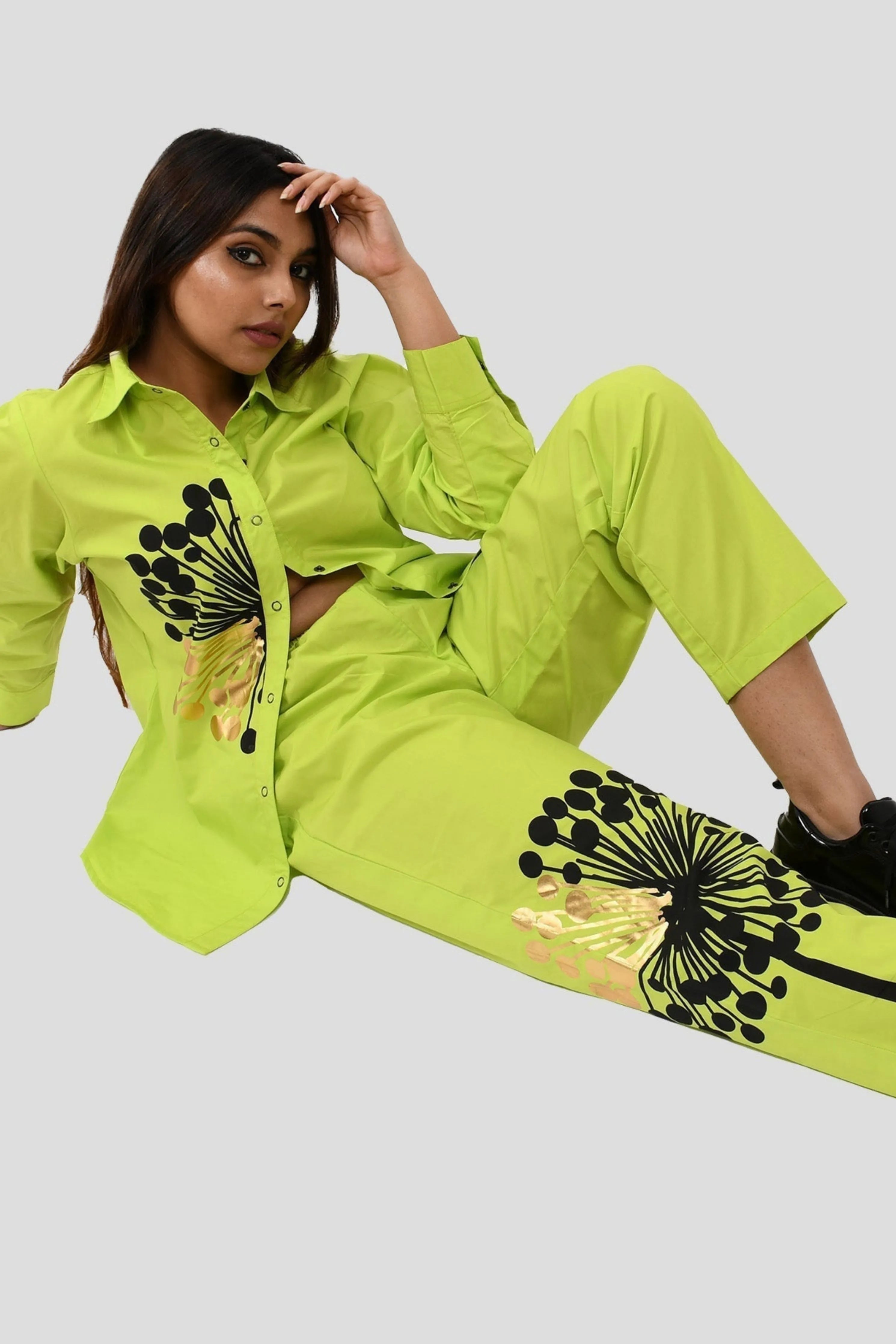 Neon Green Cotton Co-Ord Set With Straight Pants