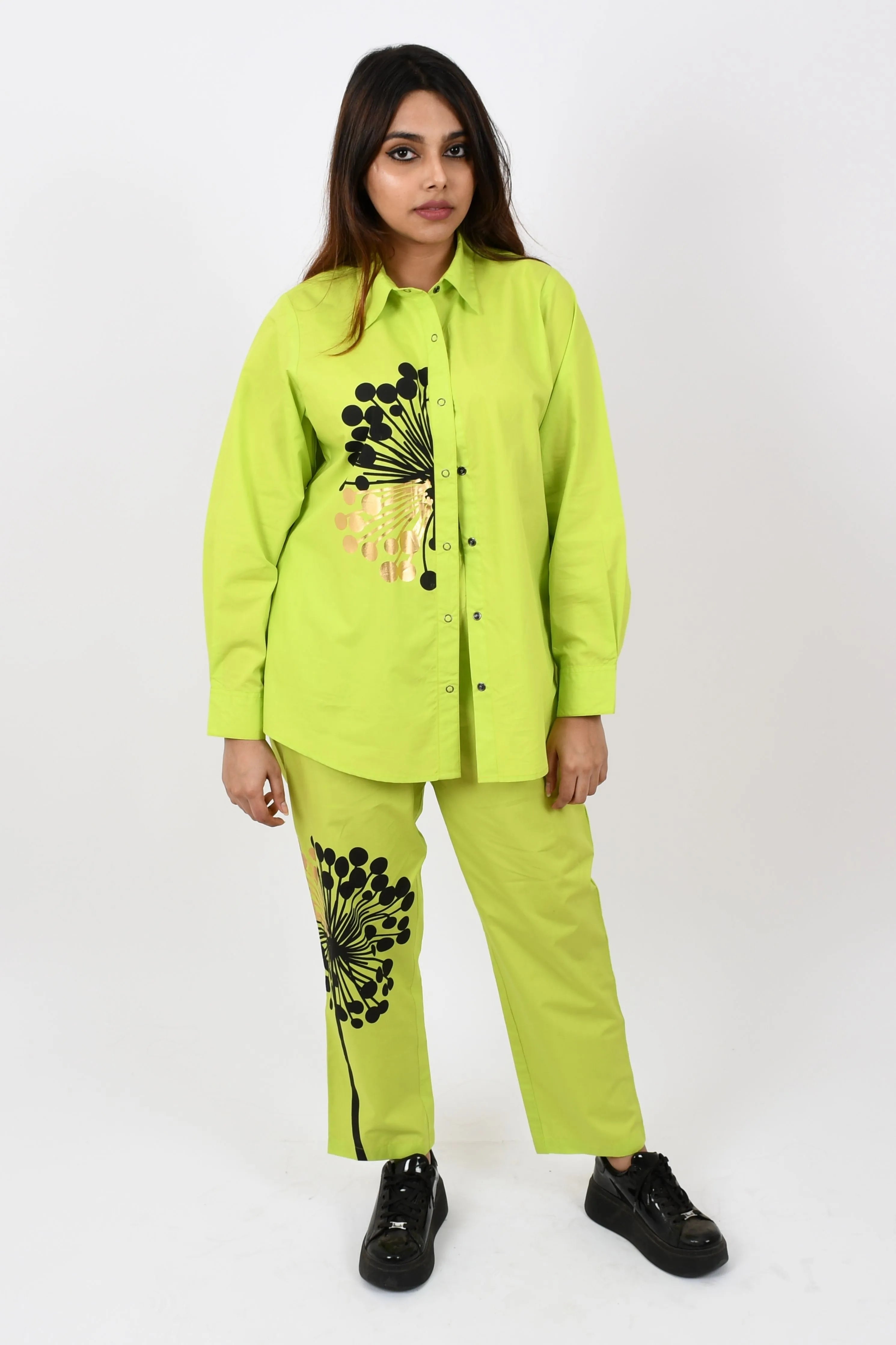 Neon Green Cotton Co-Ord Set With Straight Pants