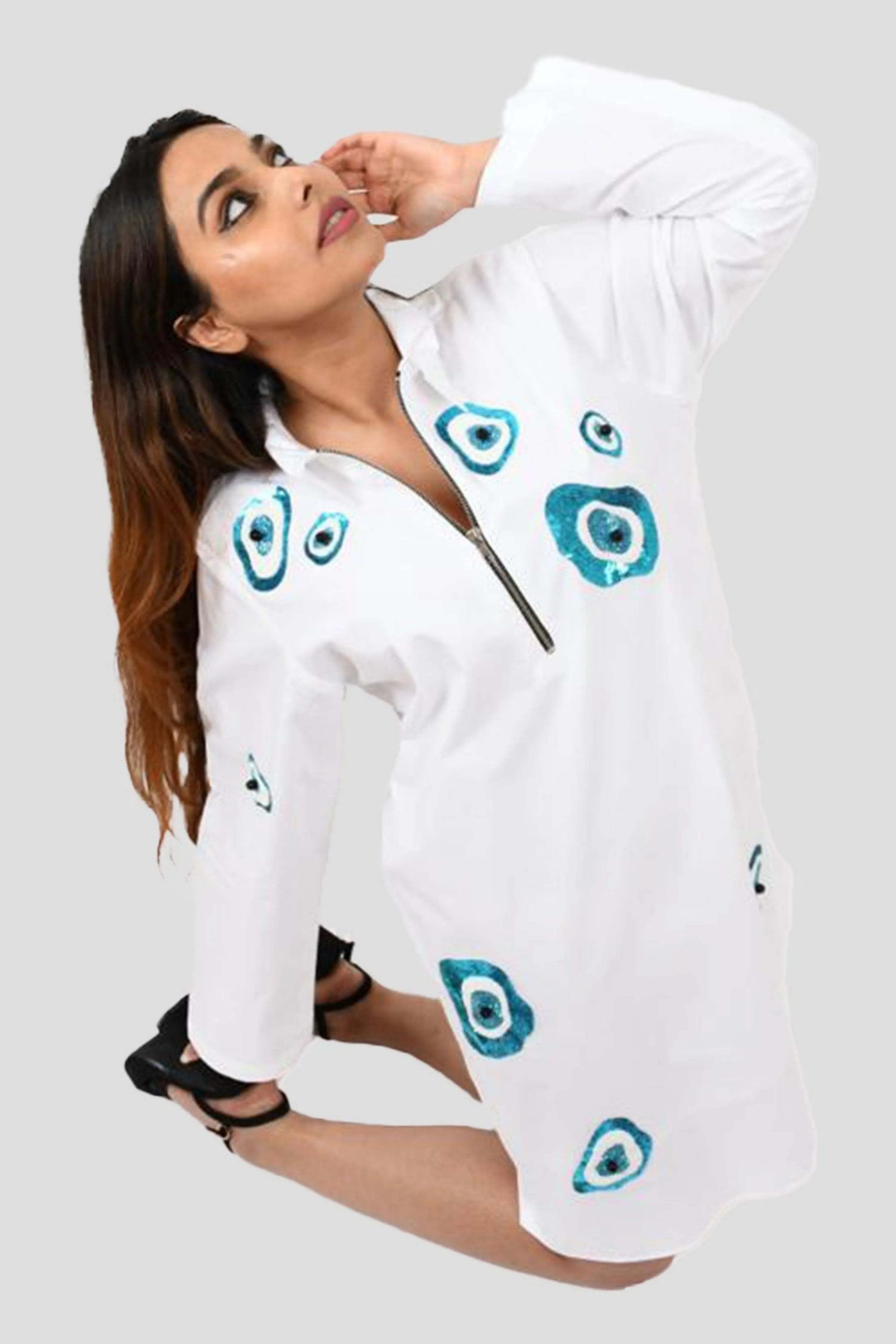 White One Piece Cotton Dress With Abstract Embroidery