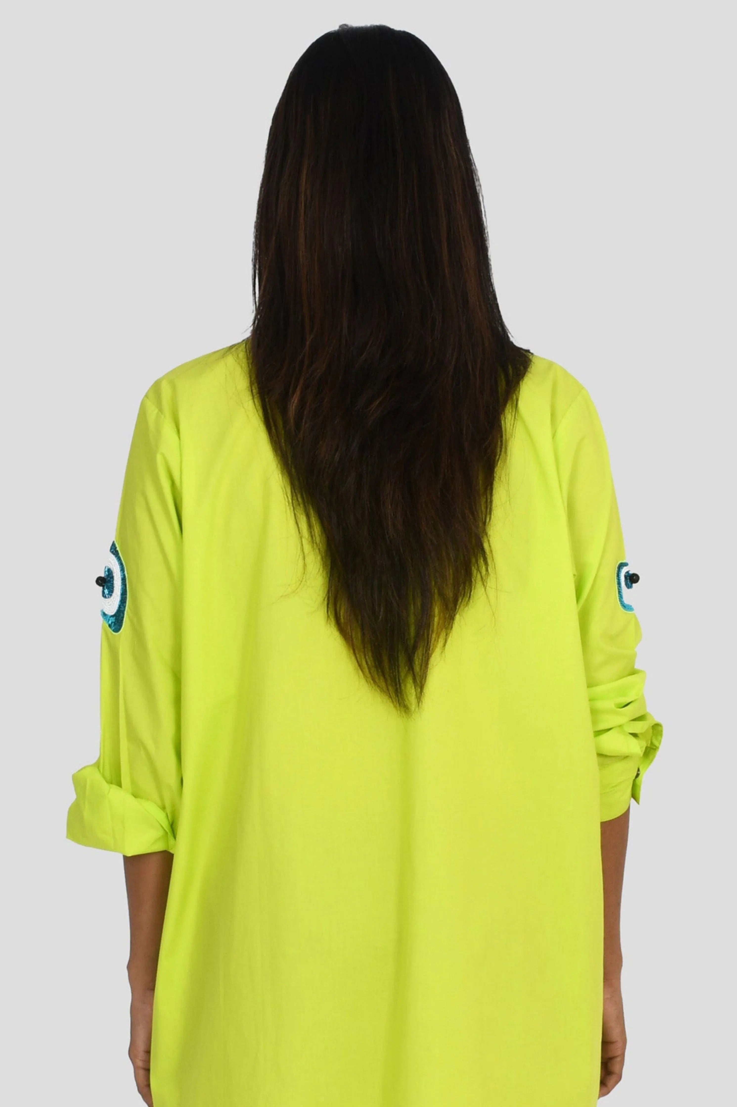 Neon Green One Piece Cotton Dress With Embroidery