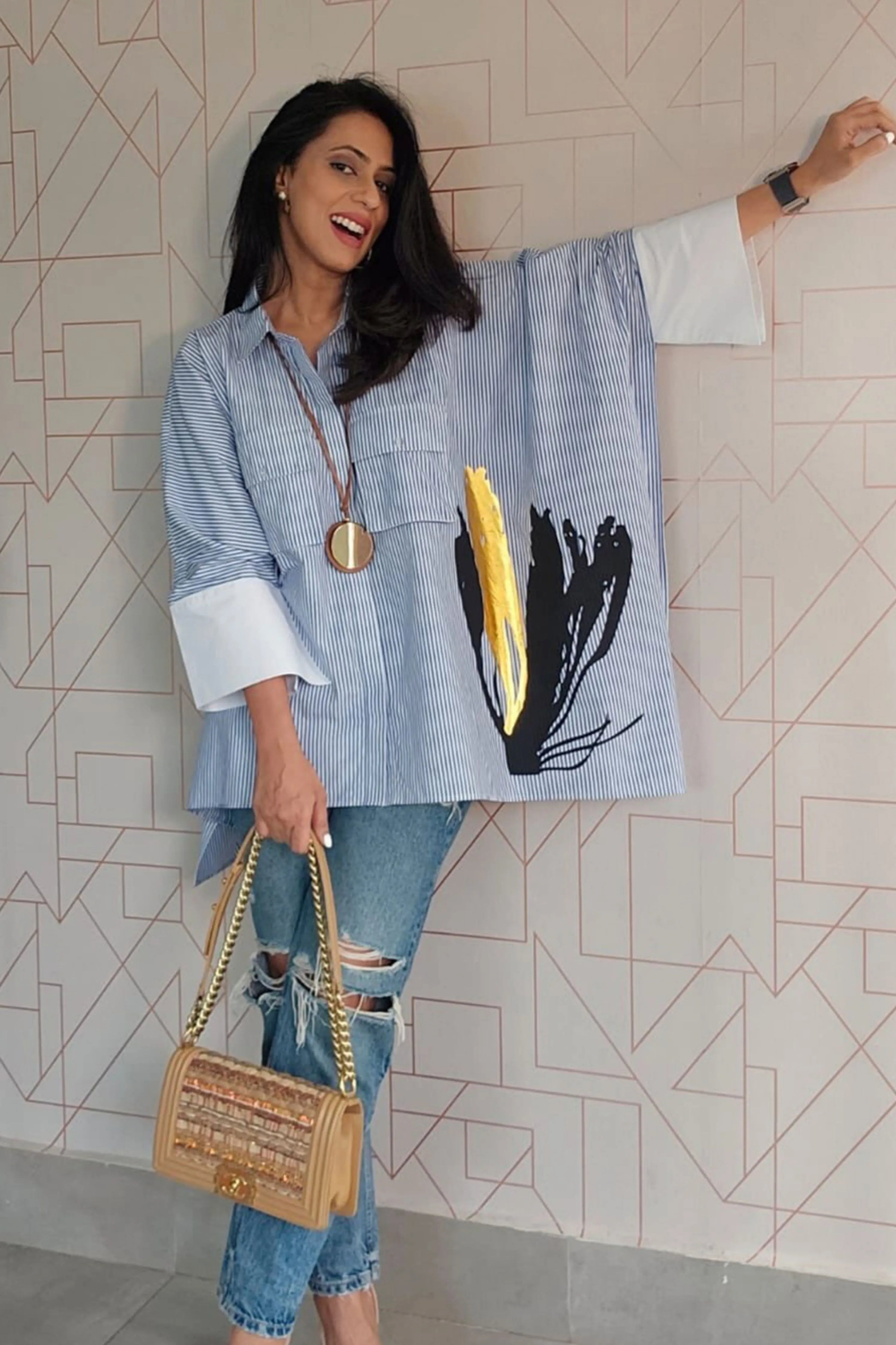 White & Blue Cotton Loose Fit Poncho Shirt With Pockets