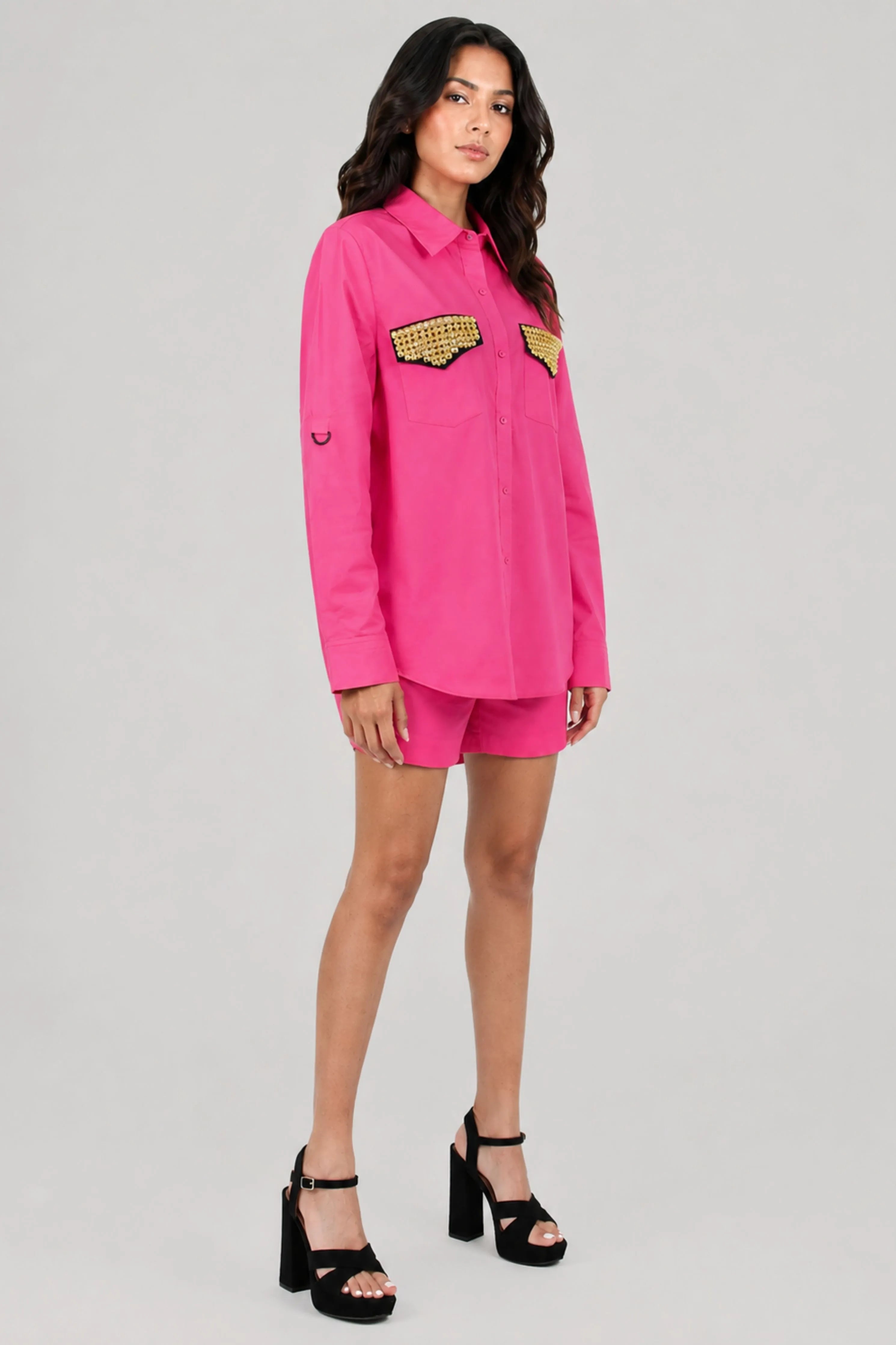 Hot Pink Comfort Fit Cotton Shirt With Pockets