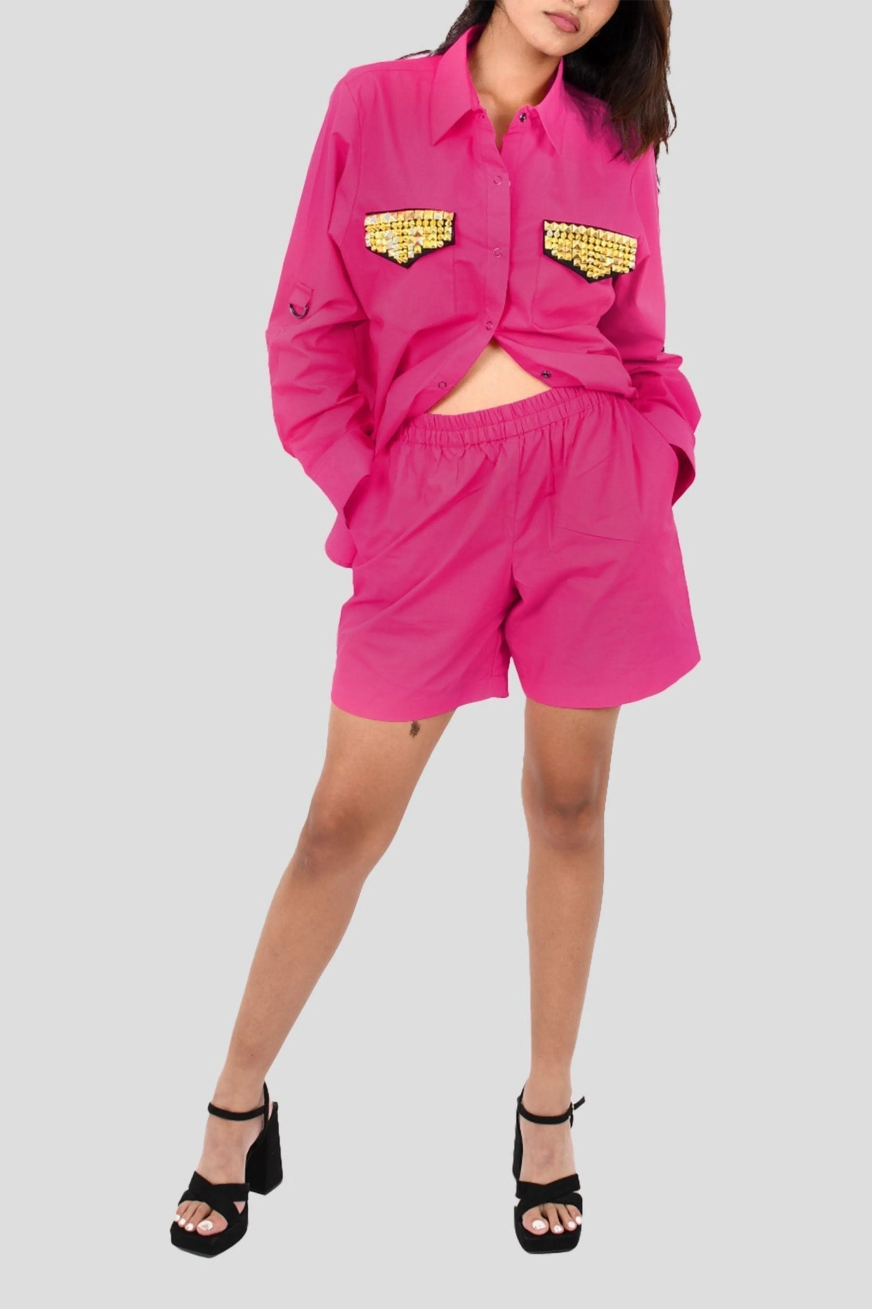 Hot Pink Cotton Co-Ord Set With Studwork Shirt And Shorts