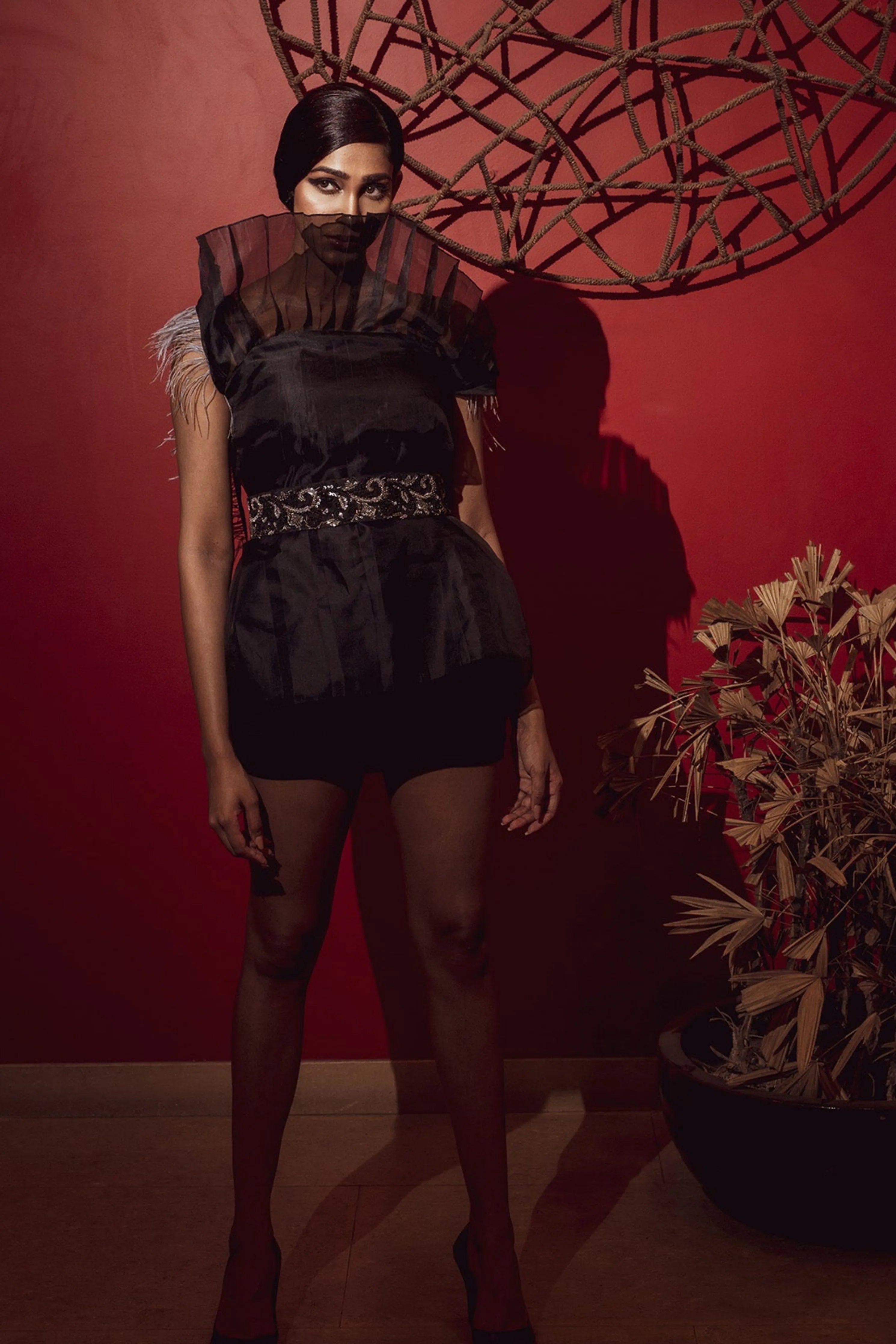 Black Organza Strapless Top With Embroidered Belt