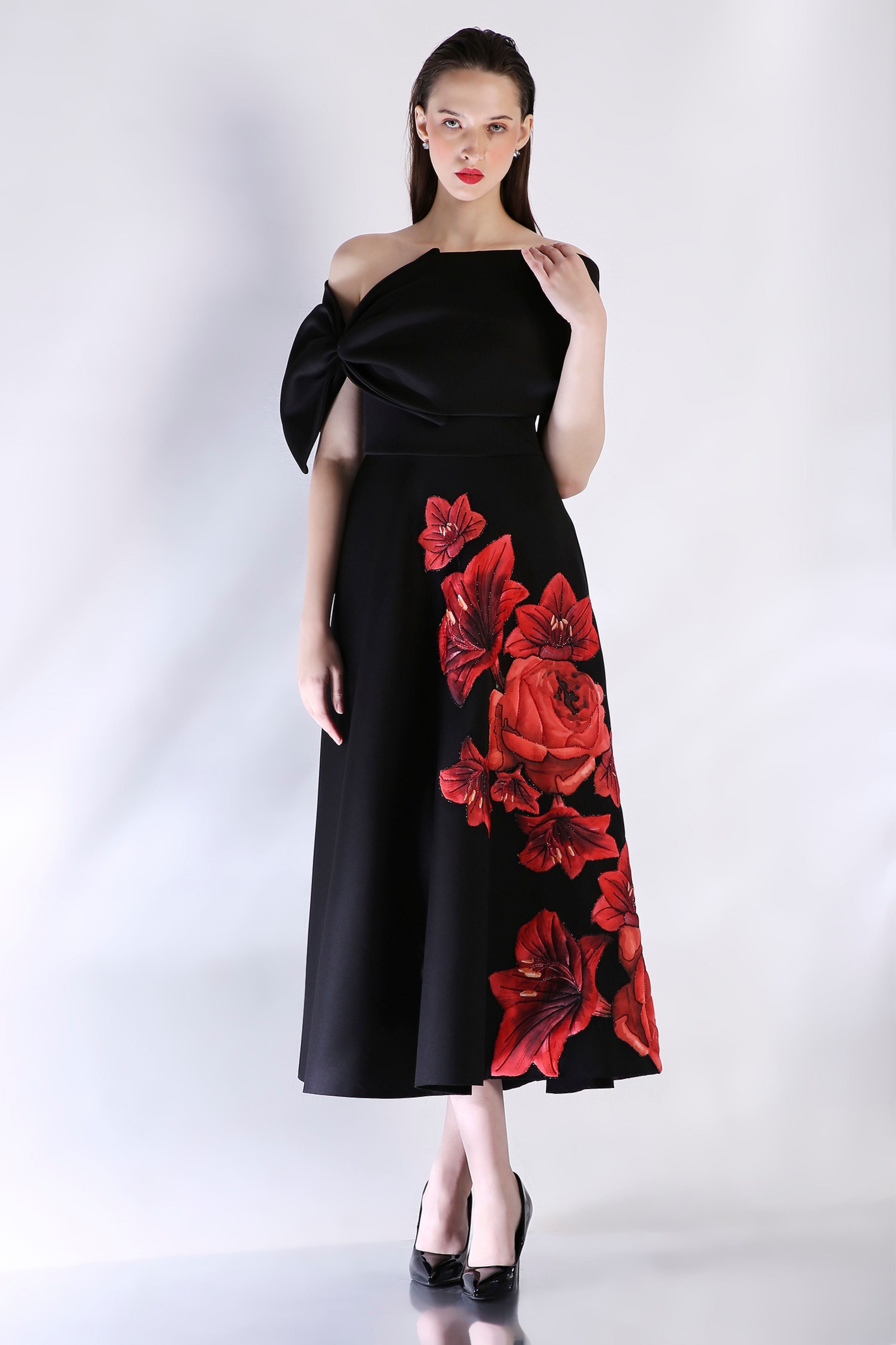 Black Bow Wrap Strapless Dress