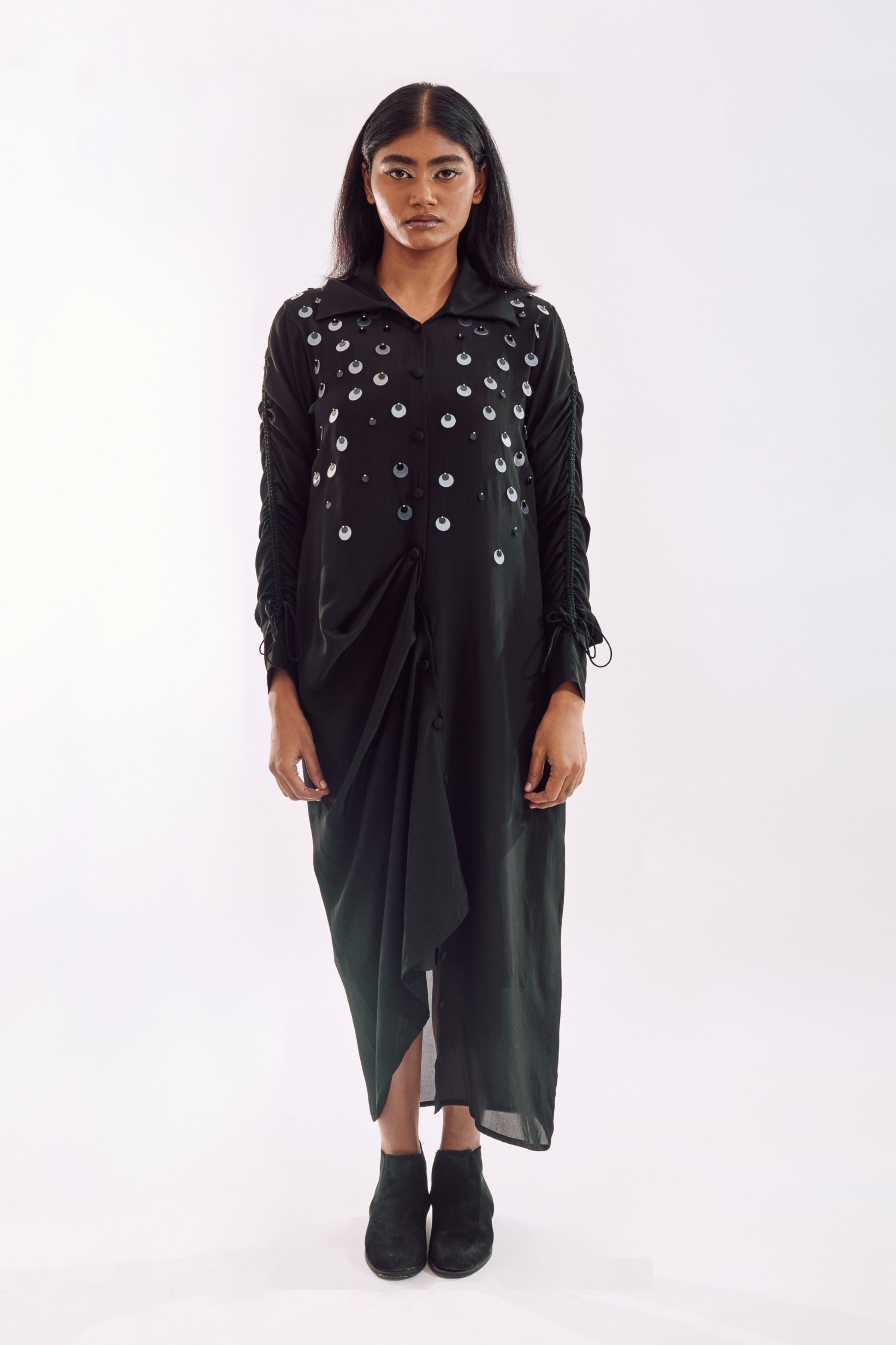 Black Drapped Sequin Dress