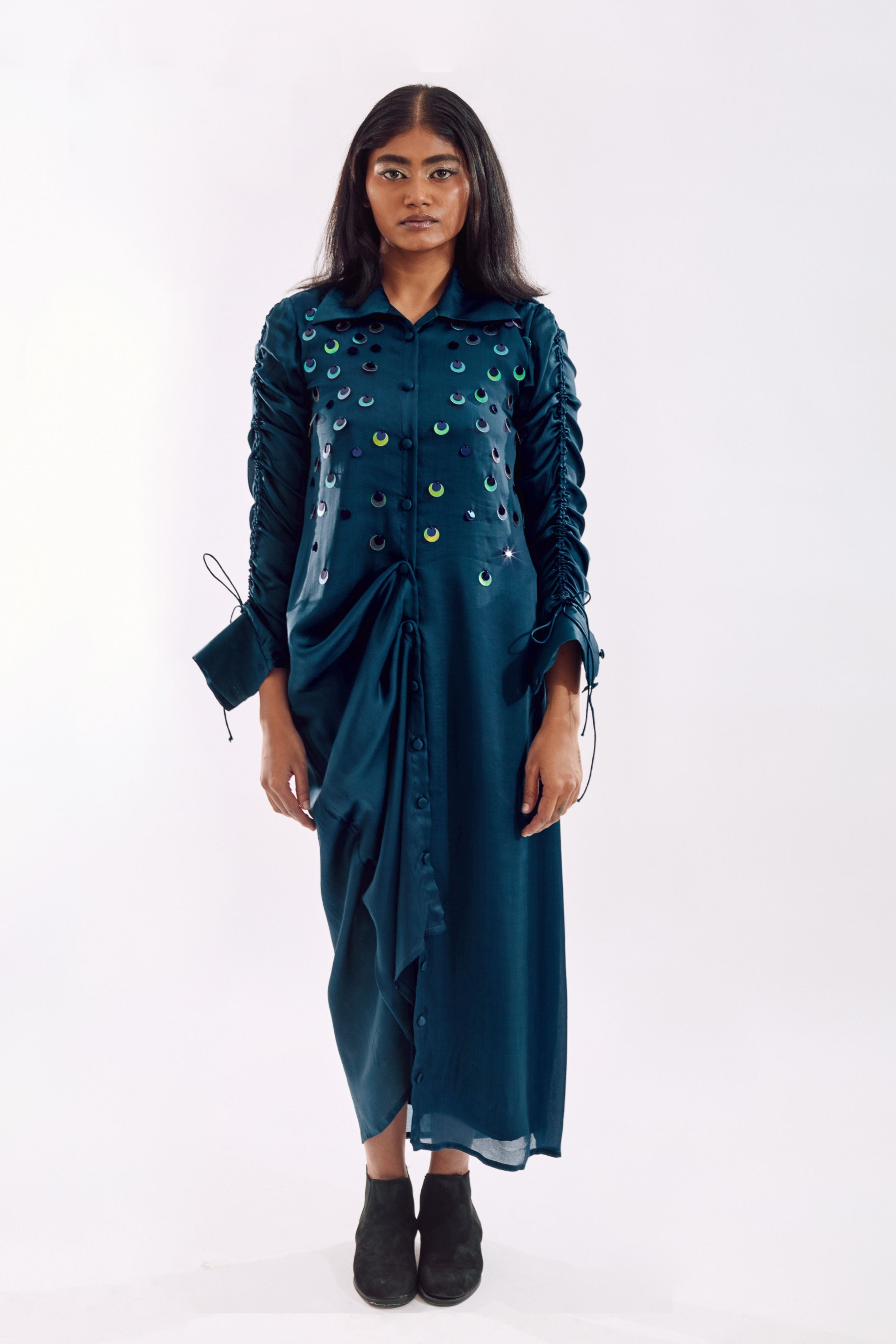 Blue Drapped Sequin Dress