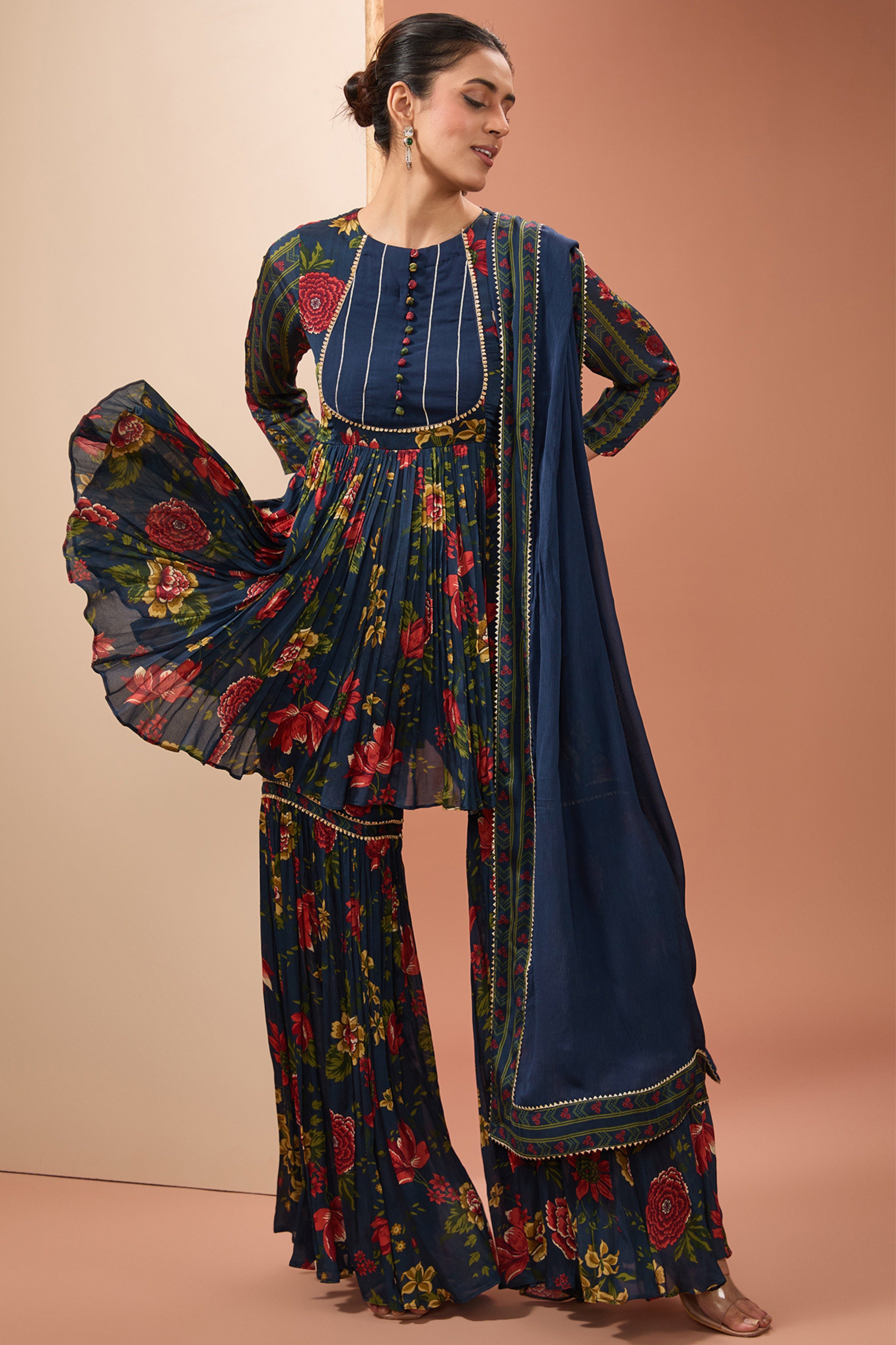 Blue Printed Full Sleeves Sharara Set