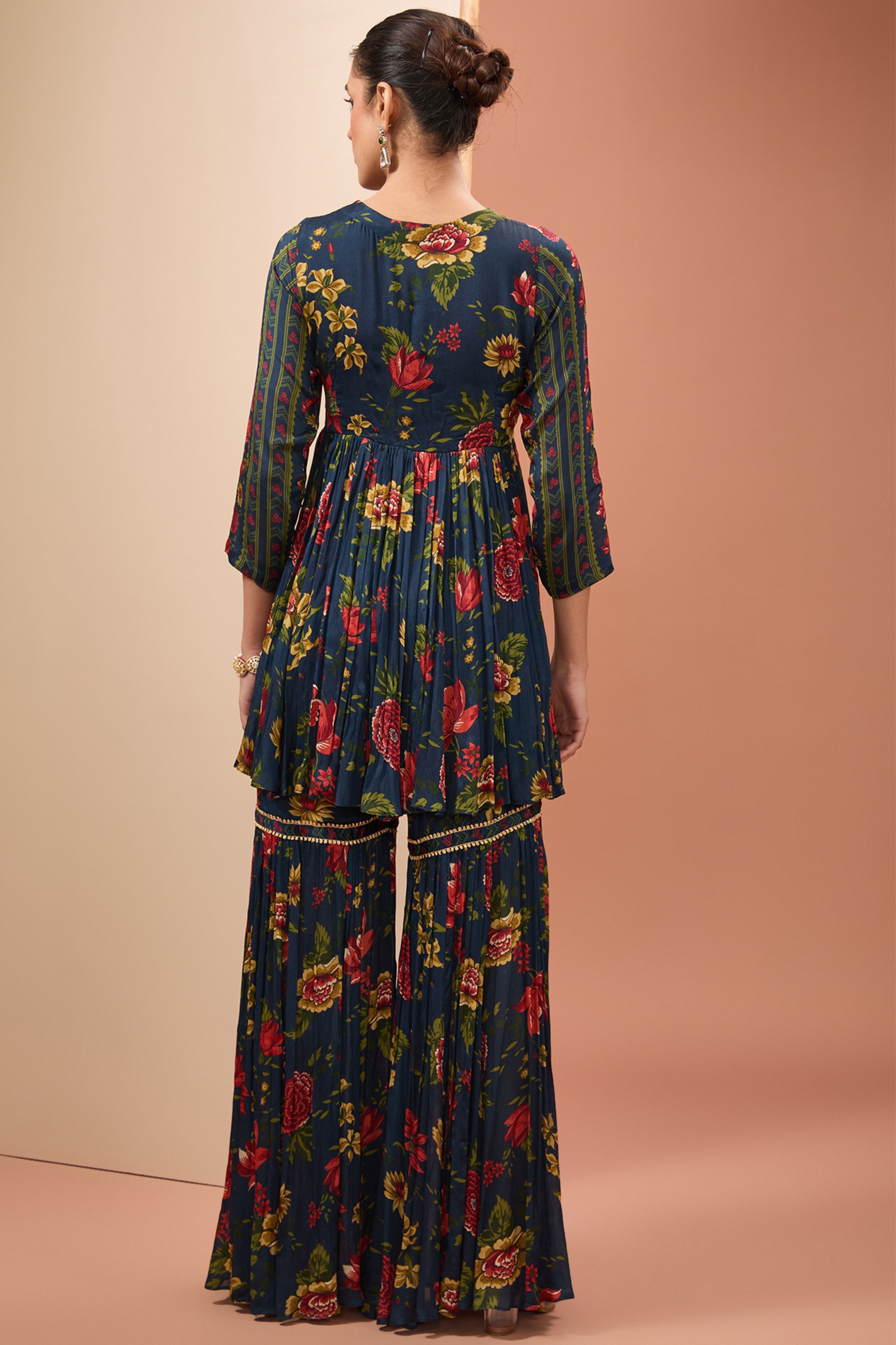 Blue Printed Full Sleeves Sharara Set