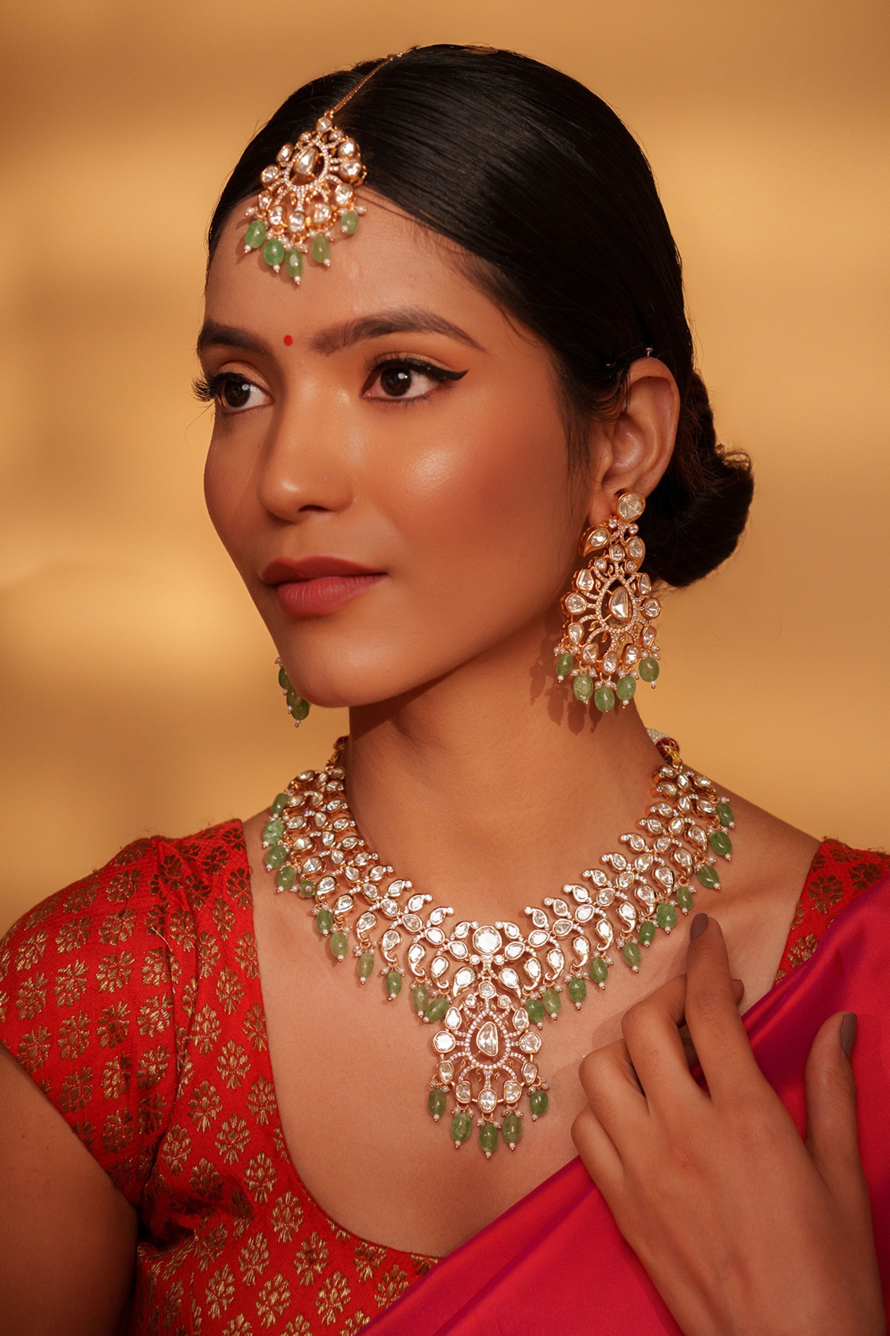 Bold And Dramatic Kundan Necklace With Earrings And Maangtikka