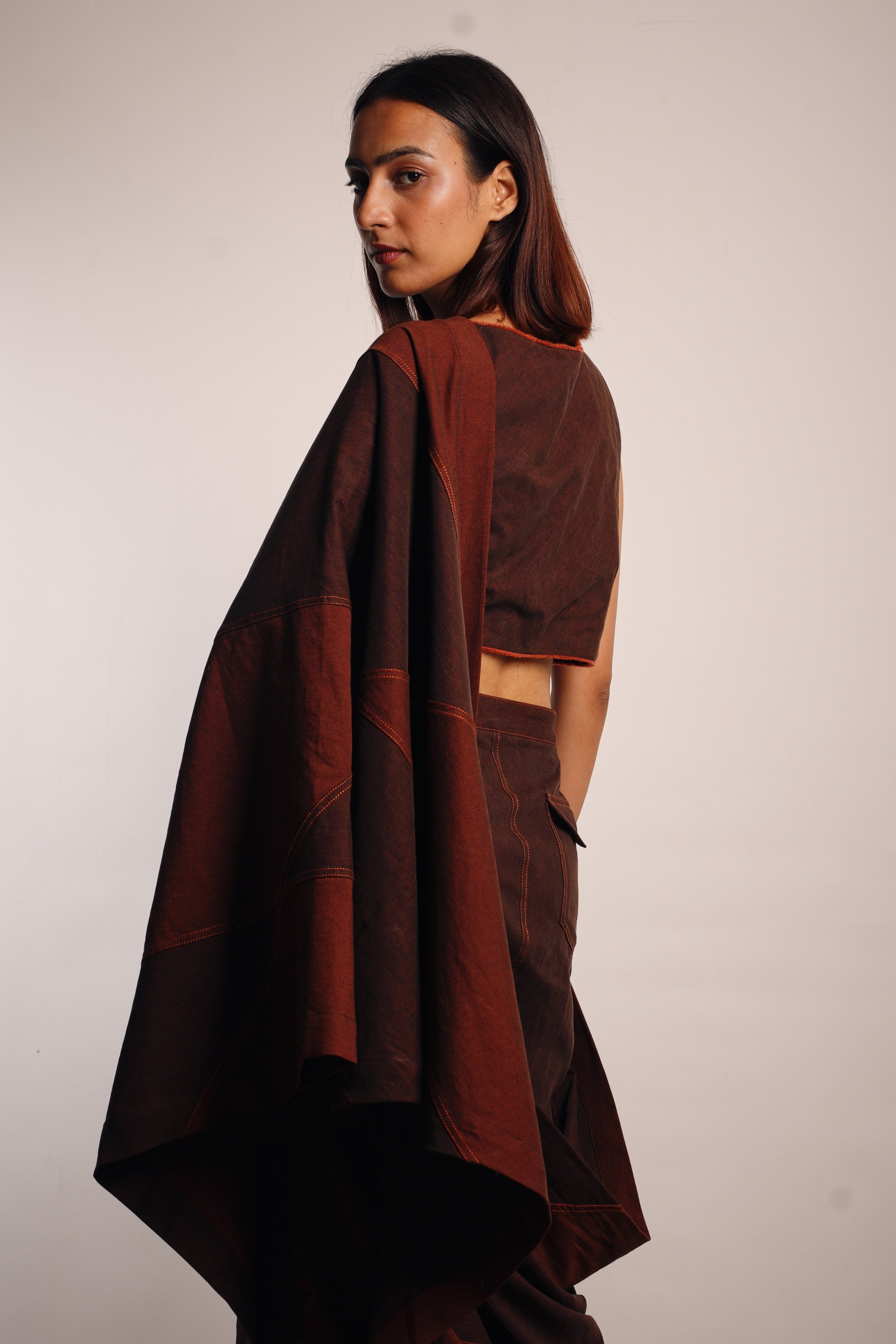 Brown Denim Patchwork Square Panel Pre-stitched Saree