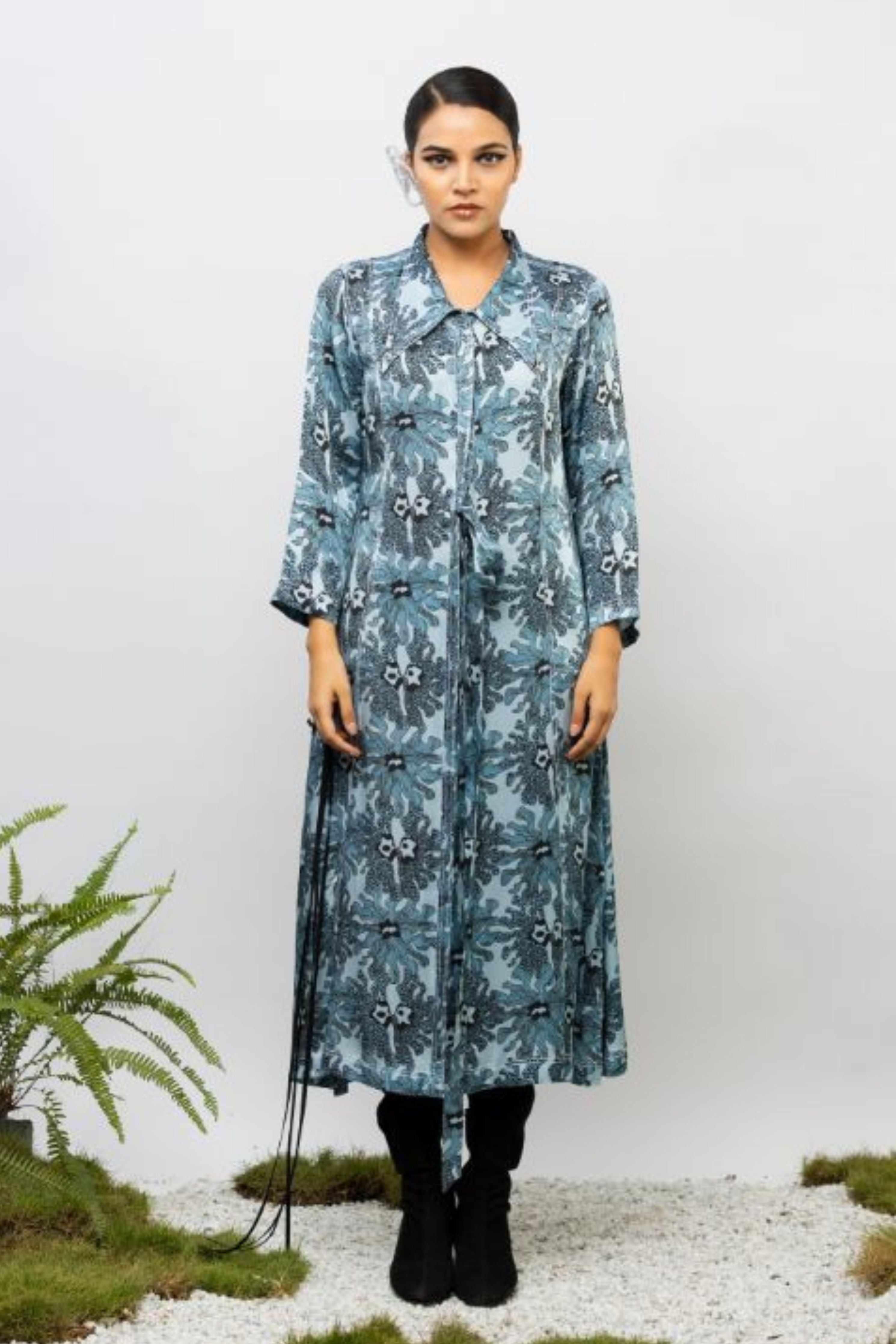 Cerulean Shirt Dress With Waist Tie