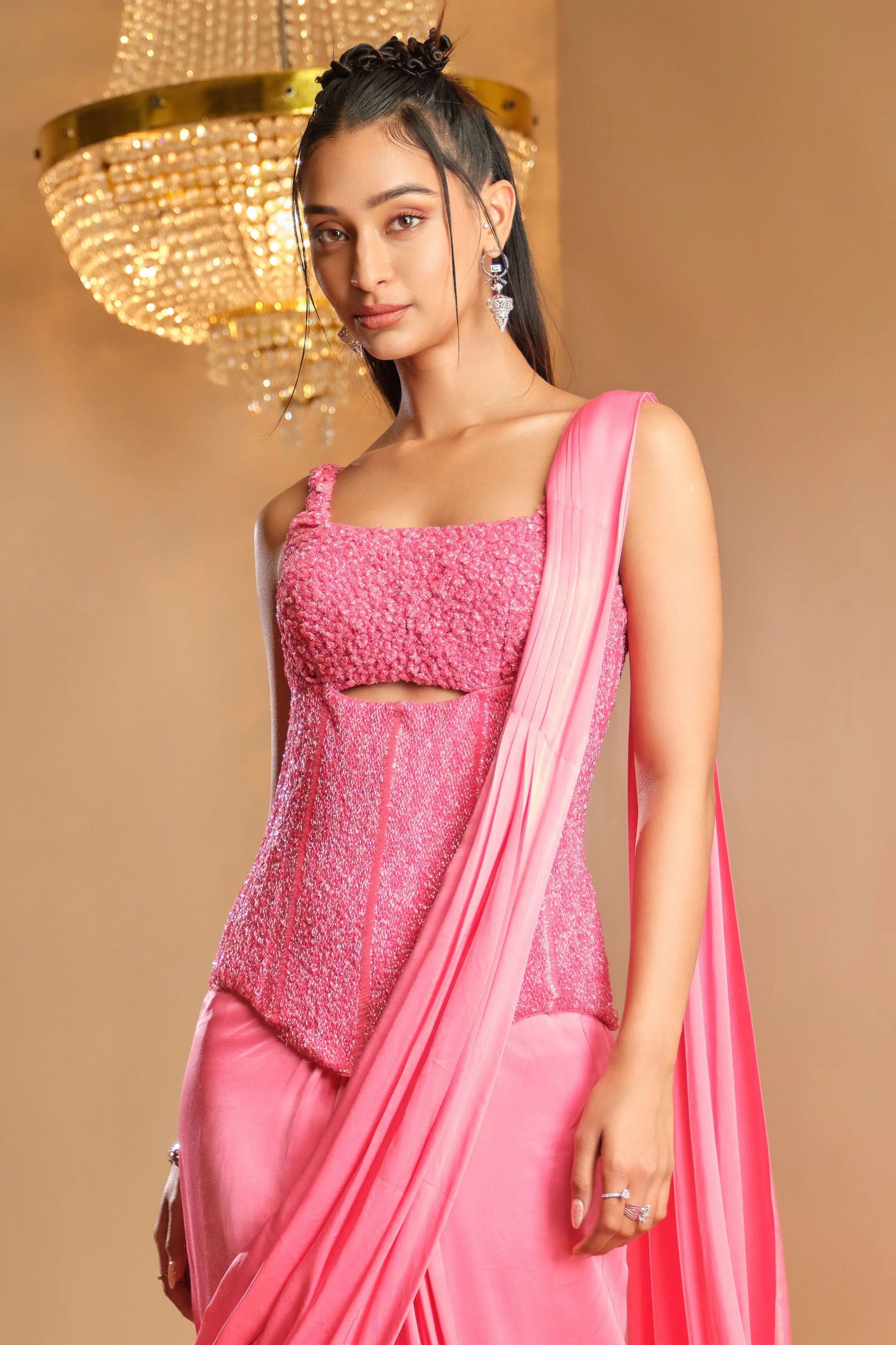 Makhmali Gulabi Draped Saree Set