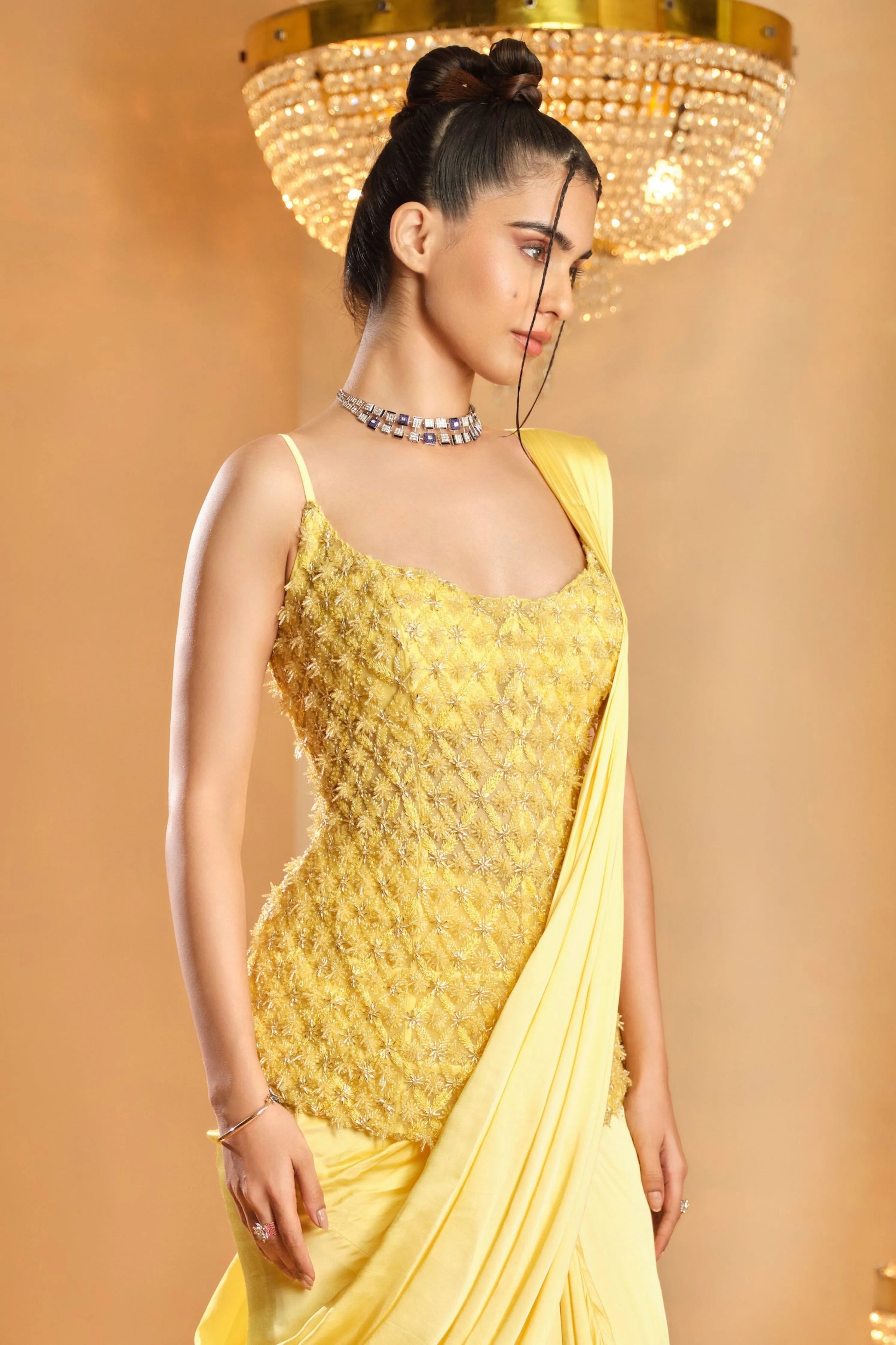 Makhan Peela Draped Saree Set