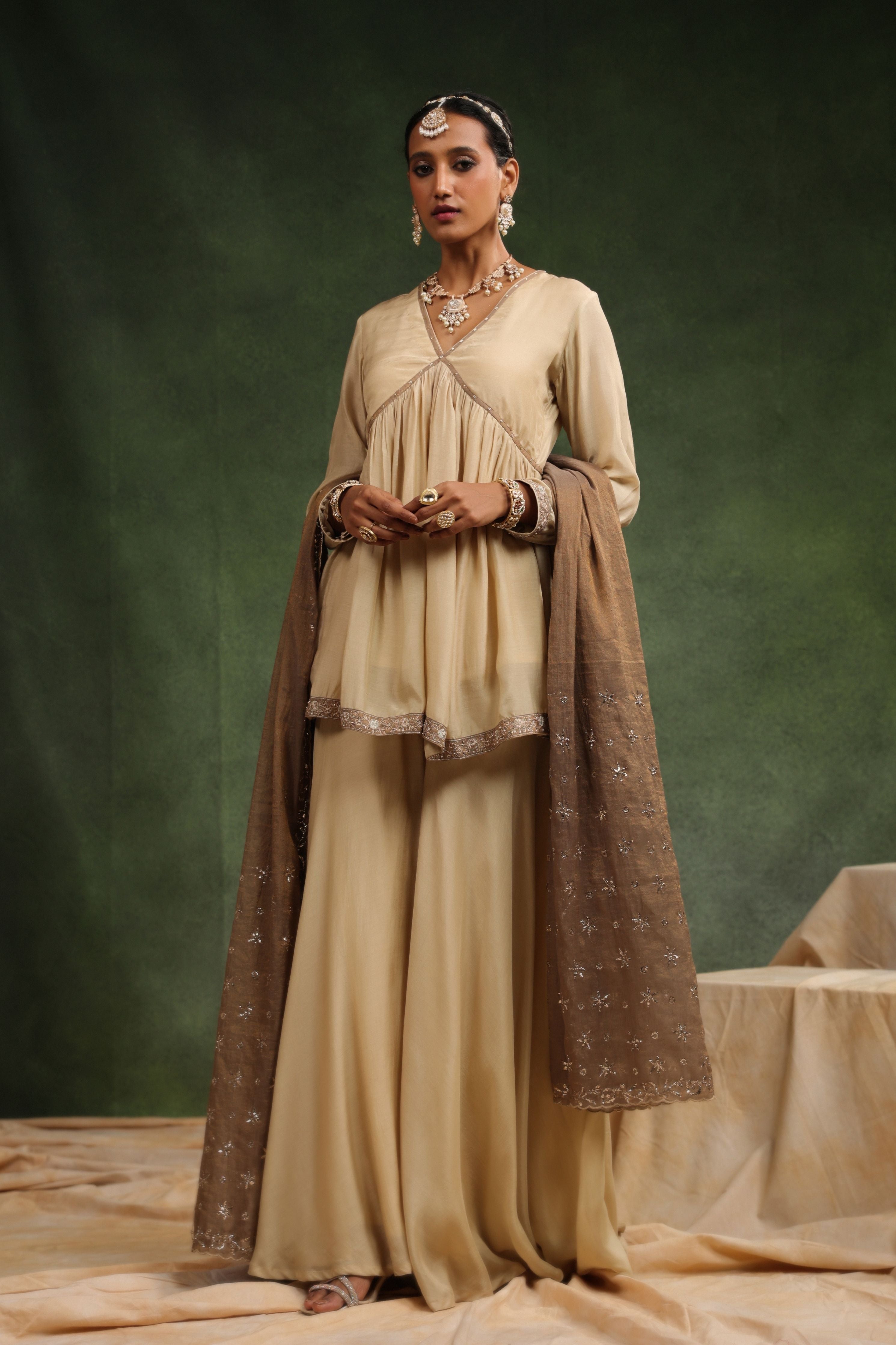 Over The Taupe Sharara Set