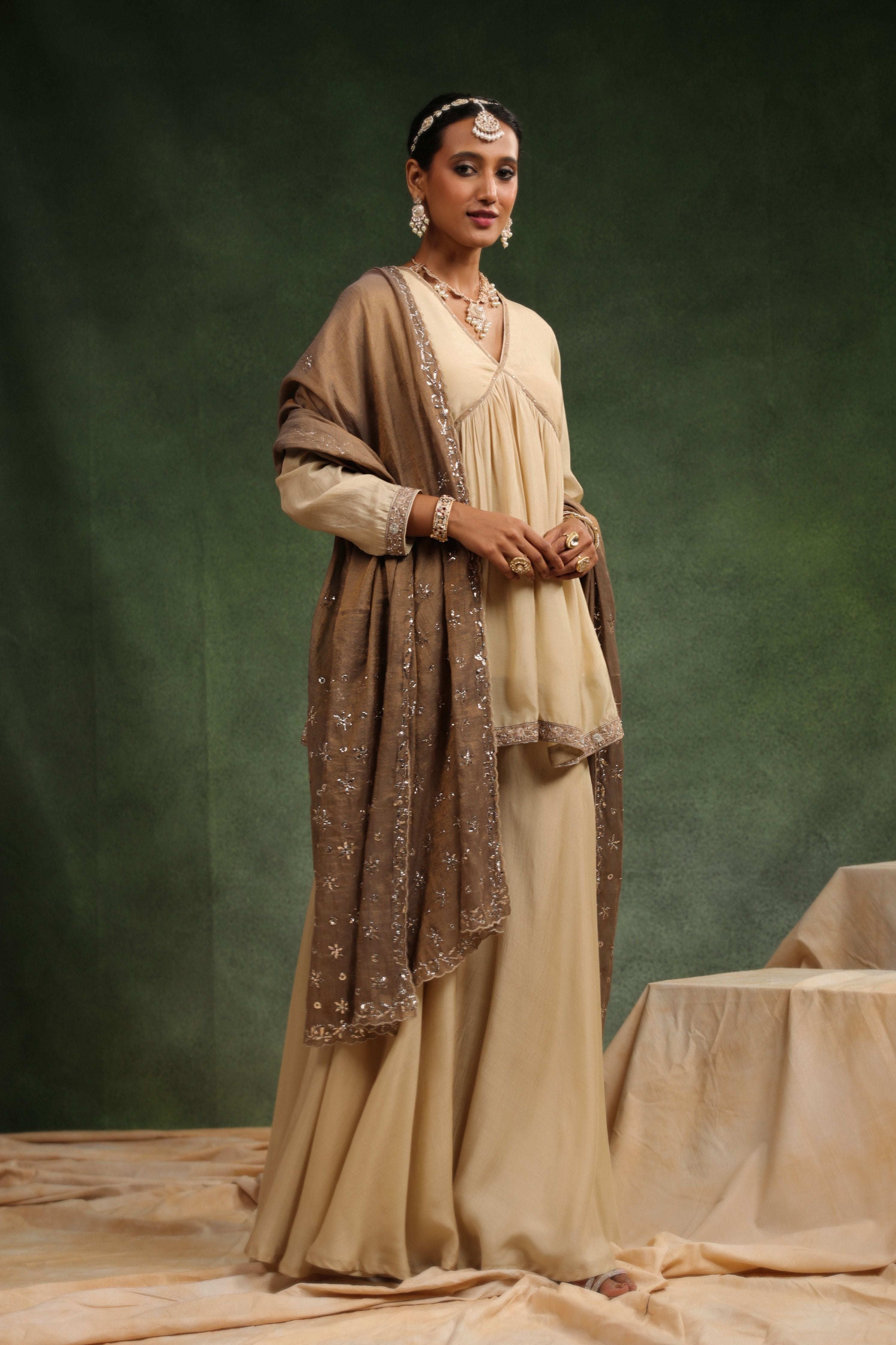 Over The Taupe Sharara Set