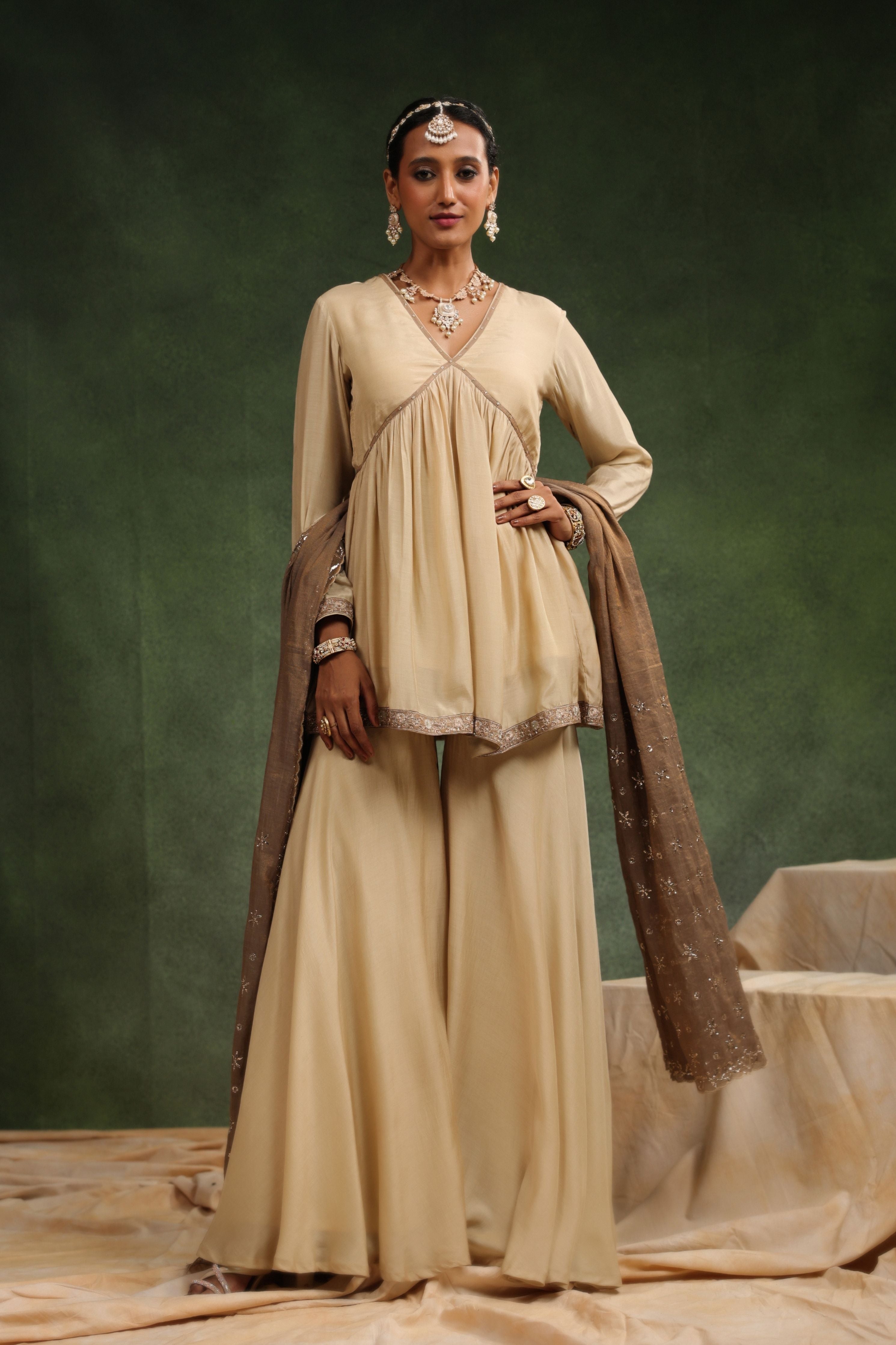 Over The Taupe Sharara Set