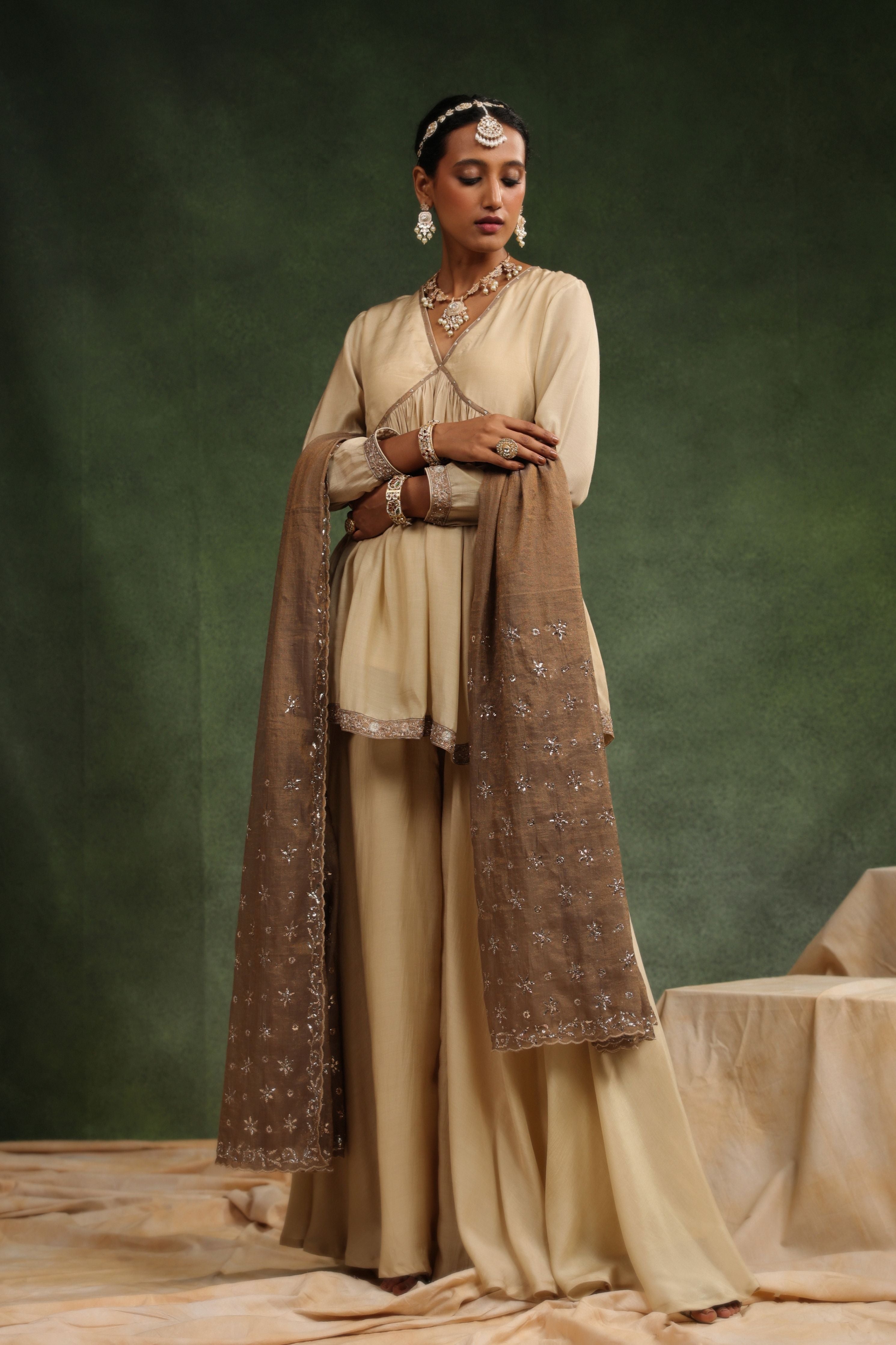 Over The Taupe Sharara Set