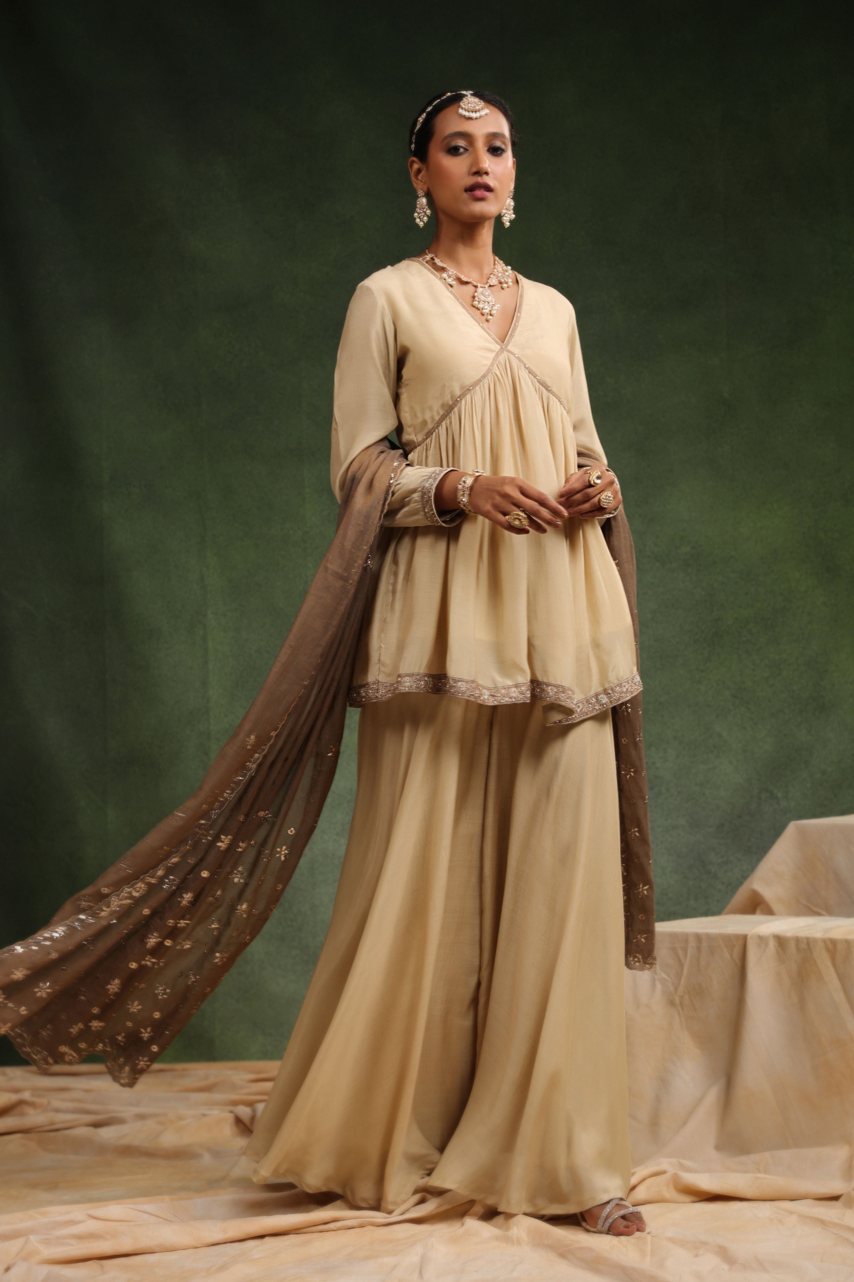 Over The Taupe Sharara Set