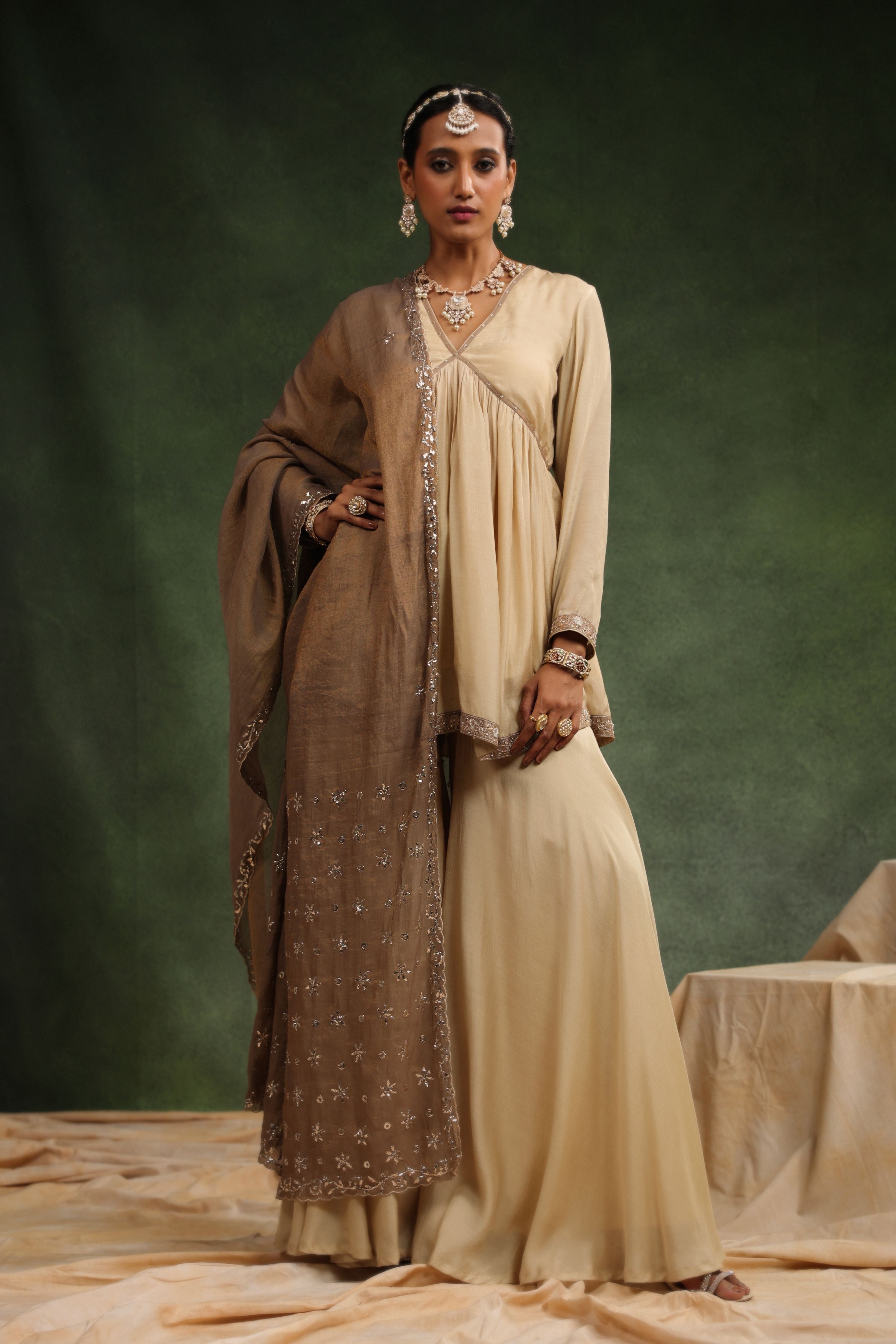 Over The Taupe Sharara Set