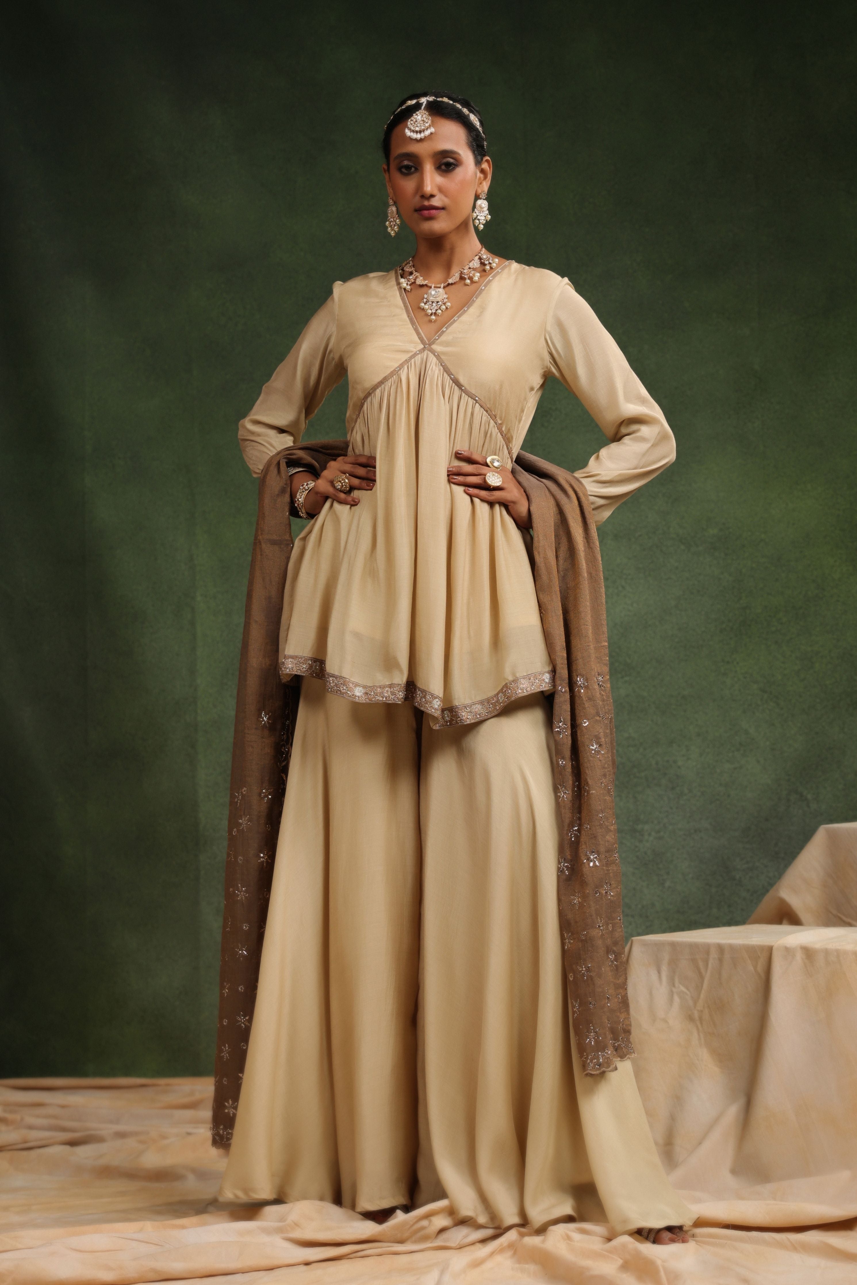 Over The Taupe Sharara Set