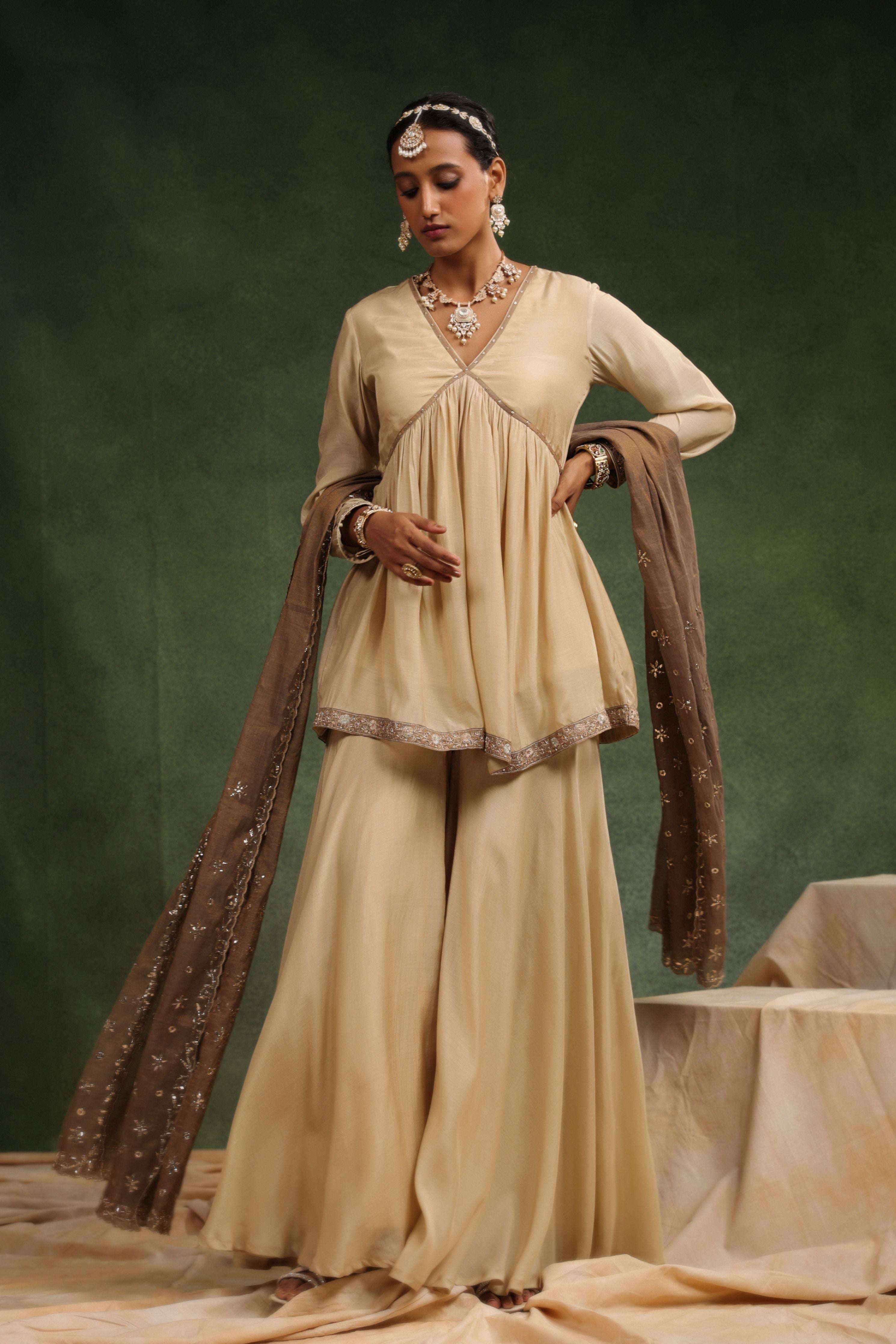 Over The Taupe Sharara Set