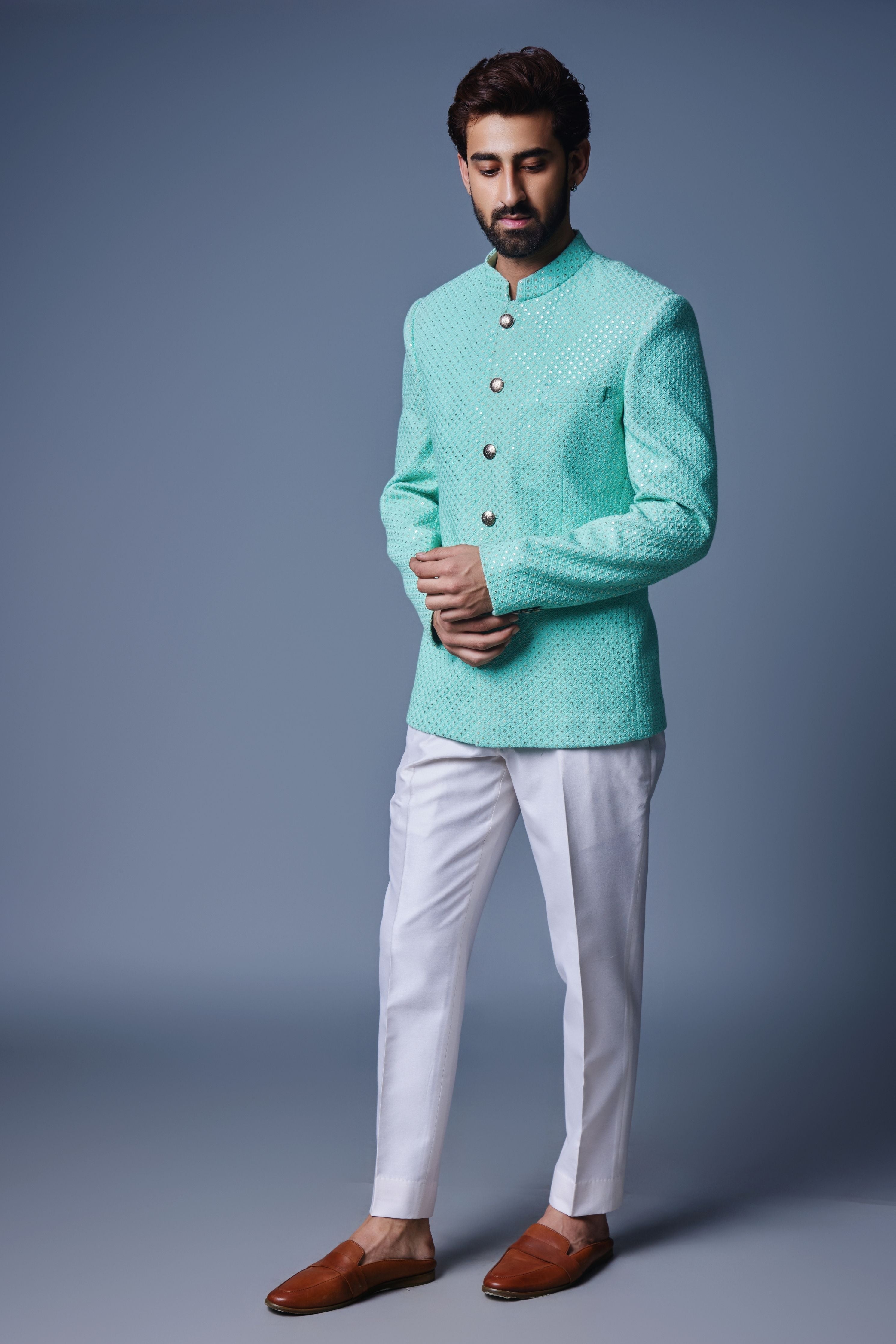 Sea Green Seqins Bandhgala Set
