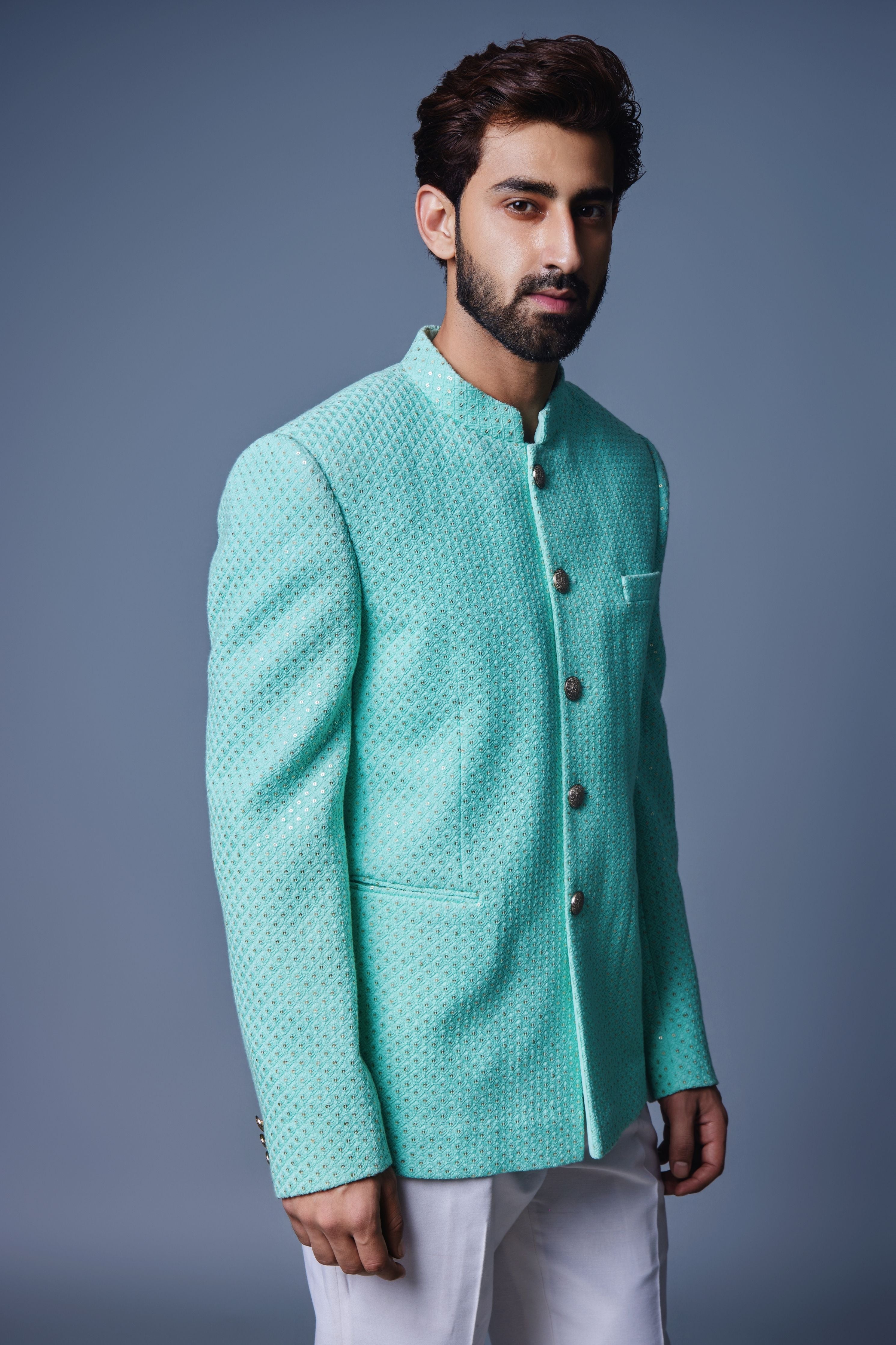 Sea Green Seqins Bandhgala Set