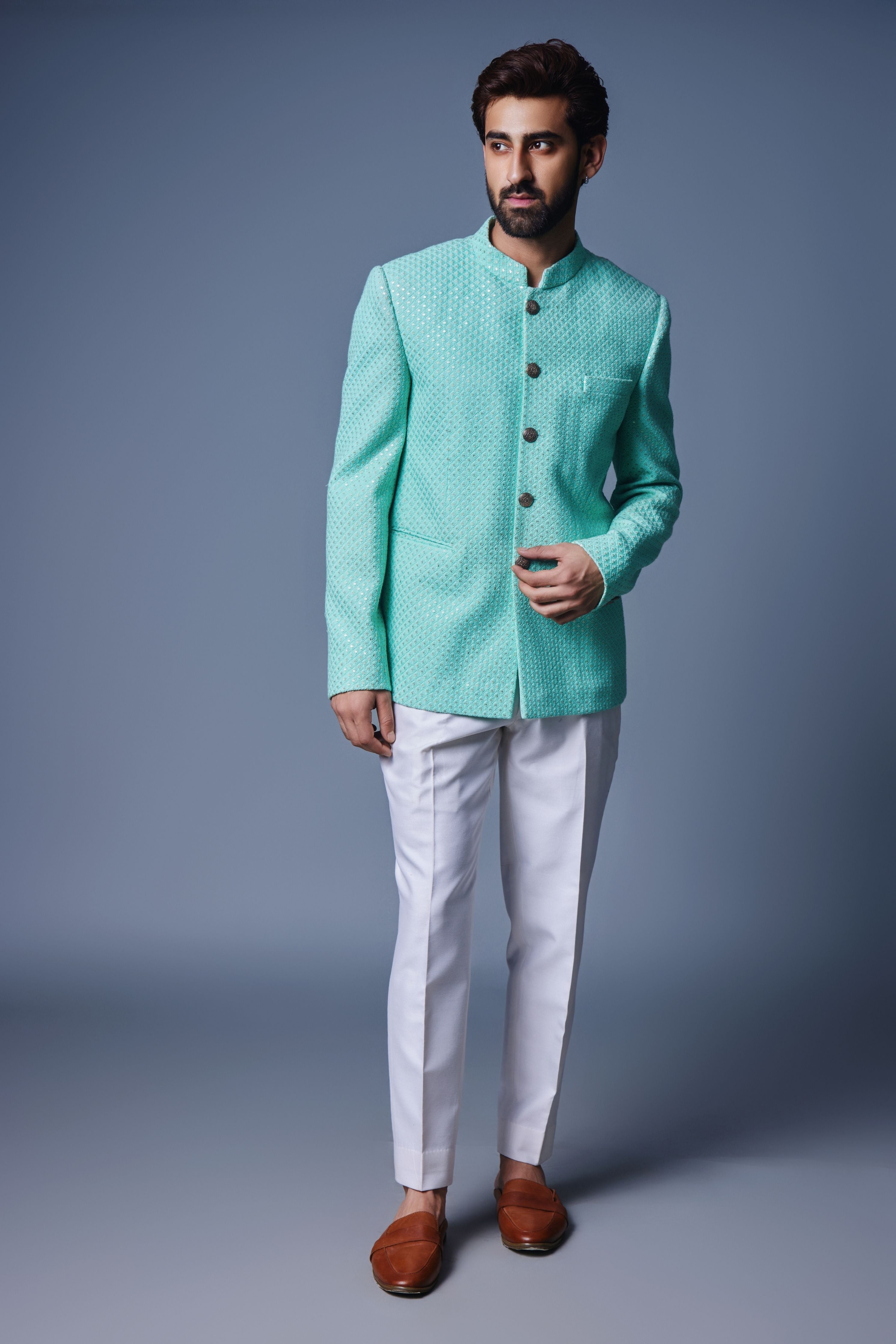 Sea Green Seqins Bandhgala Set