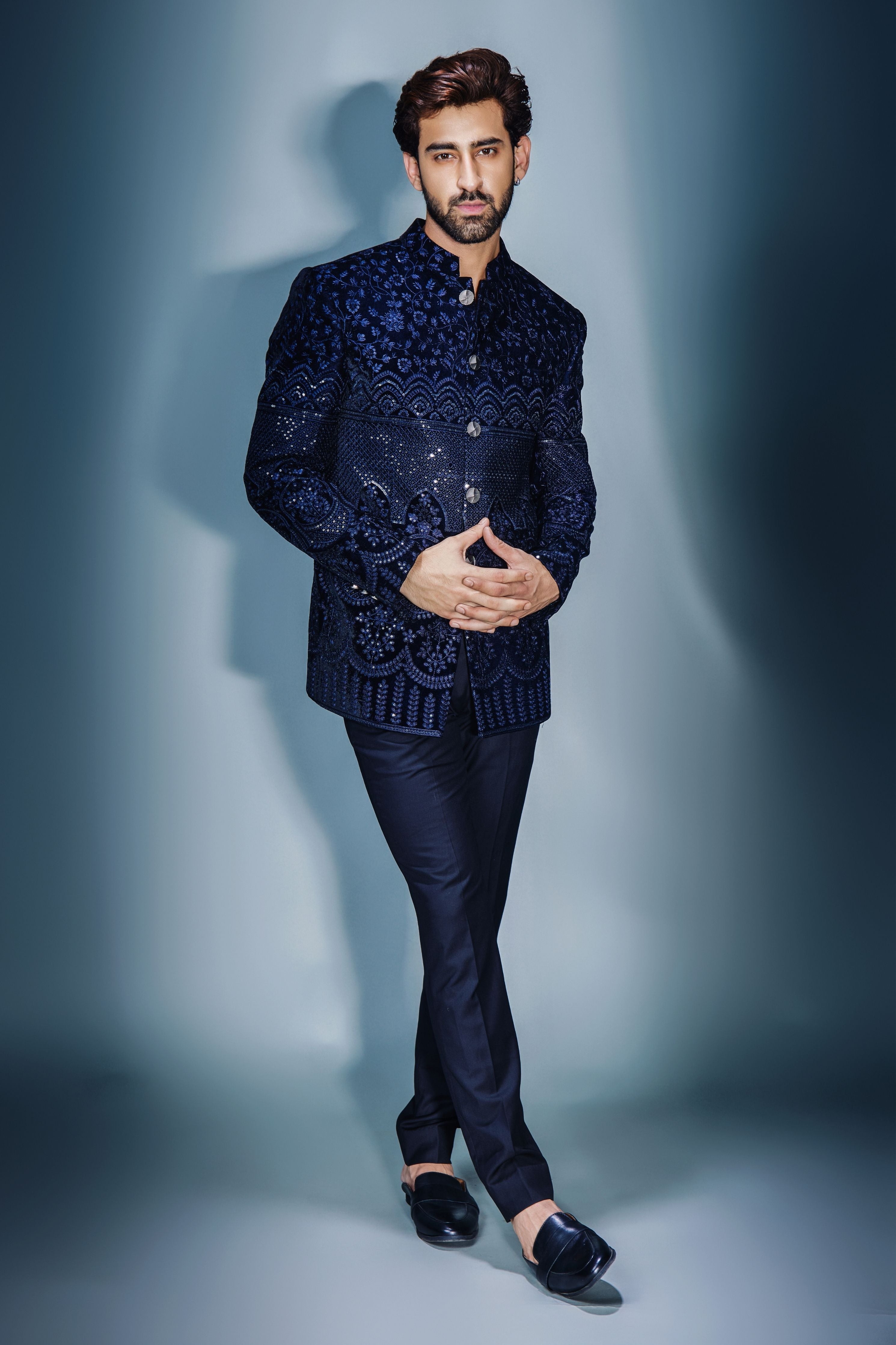Navy Blue Sequins Bandhgala Set
