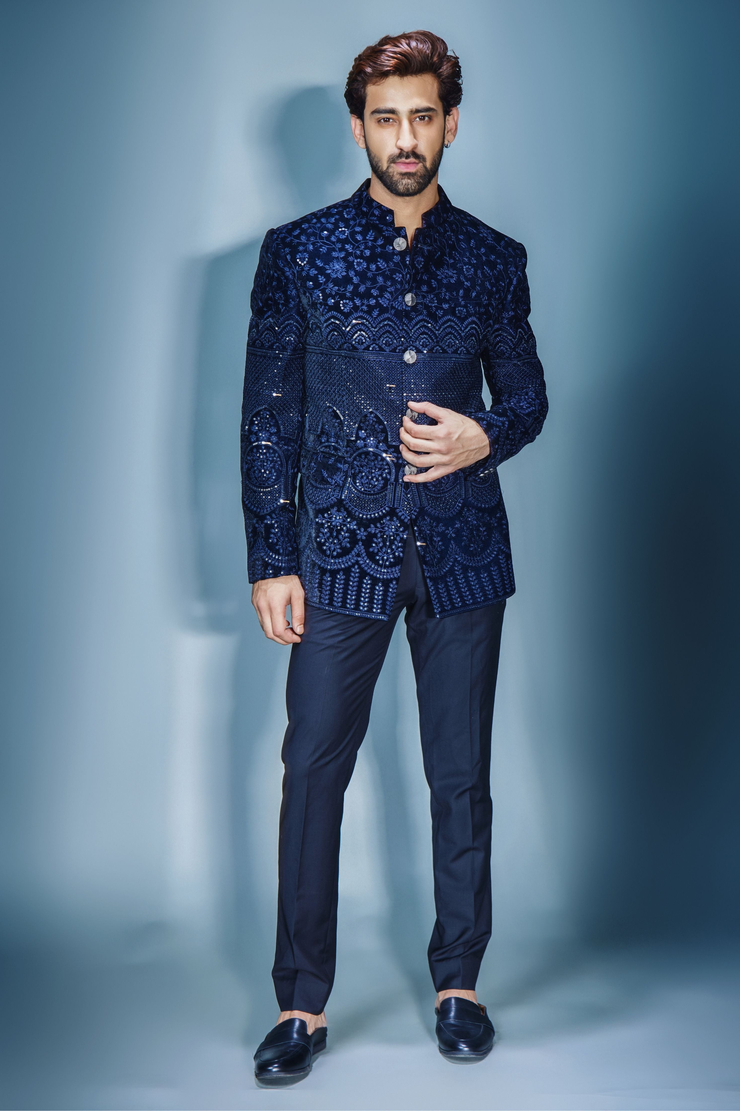 Navy Blue Sequins Bandhgala Set