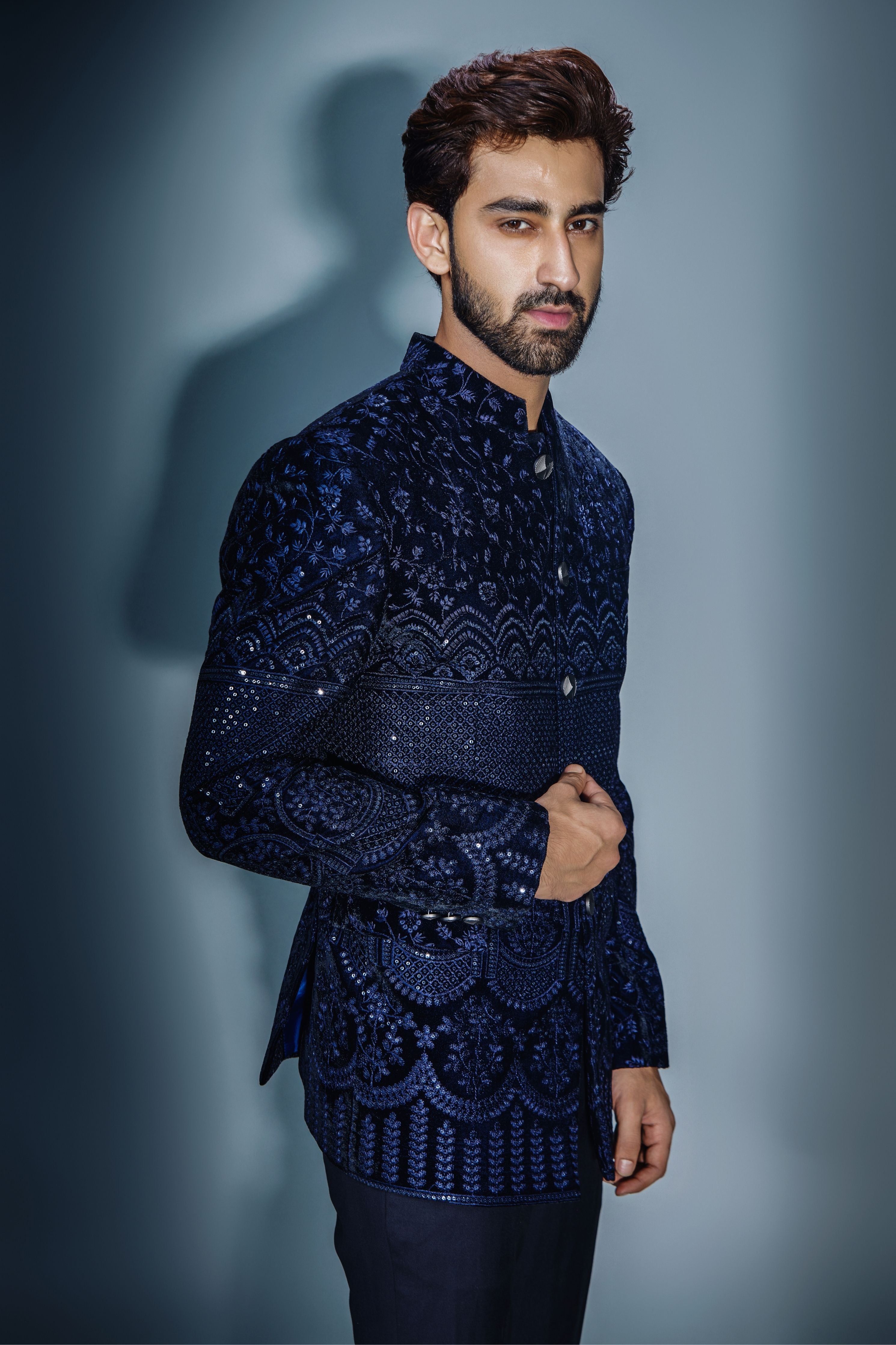 Navy Blue Sequins Bandhgala Set