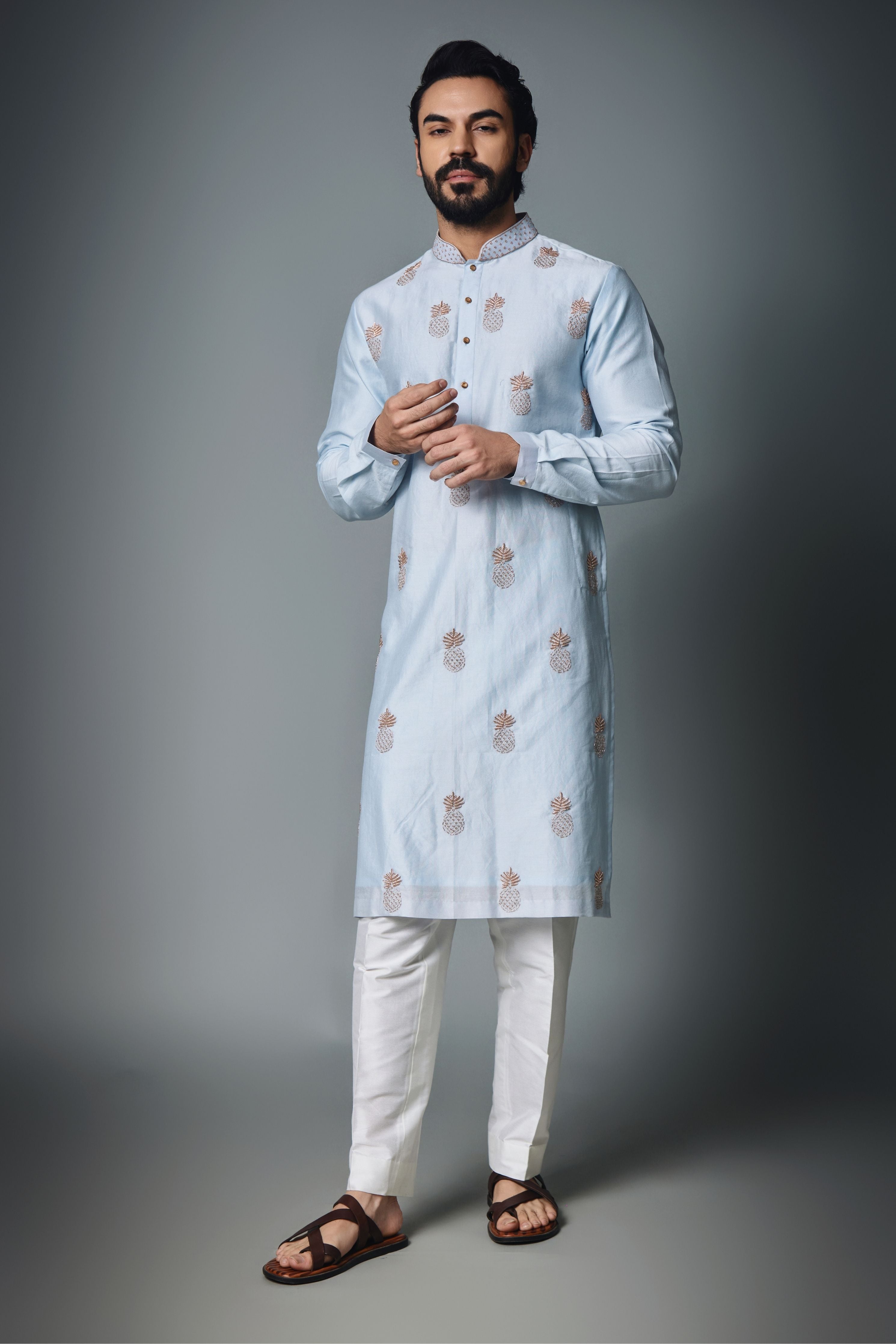 Blue Pineapple Embroidery Kurta Set