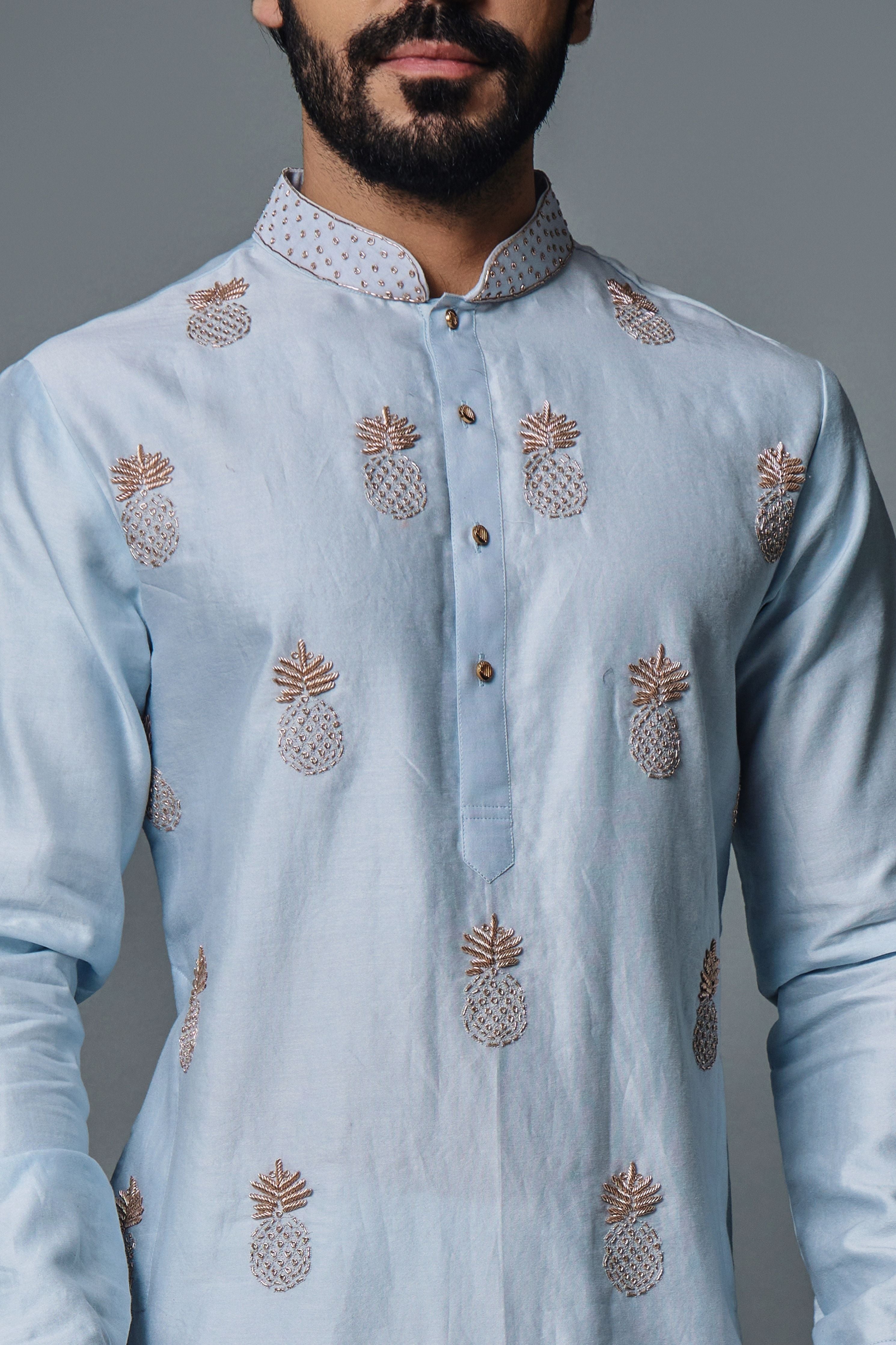 Blue Pineapple Embroidery Kurta Set