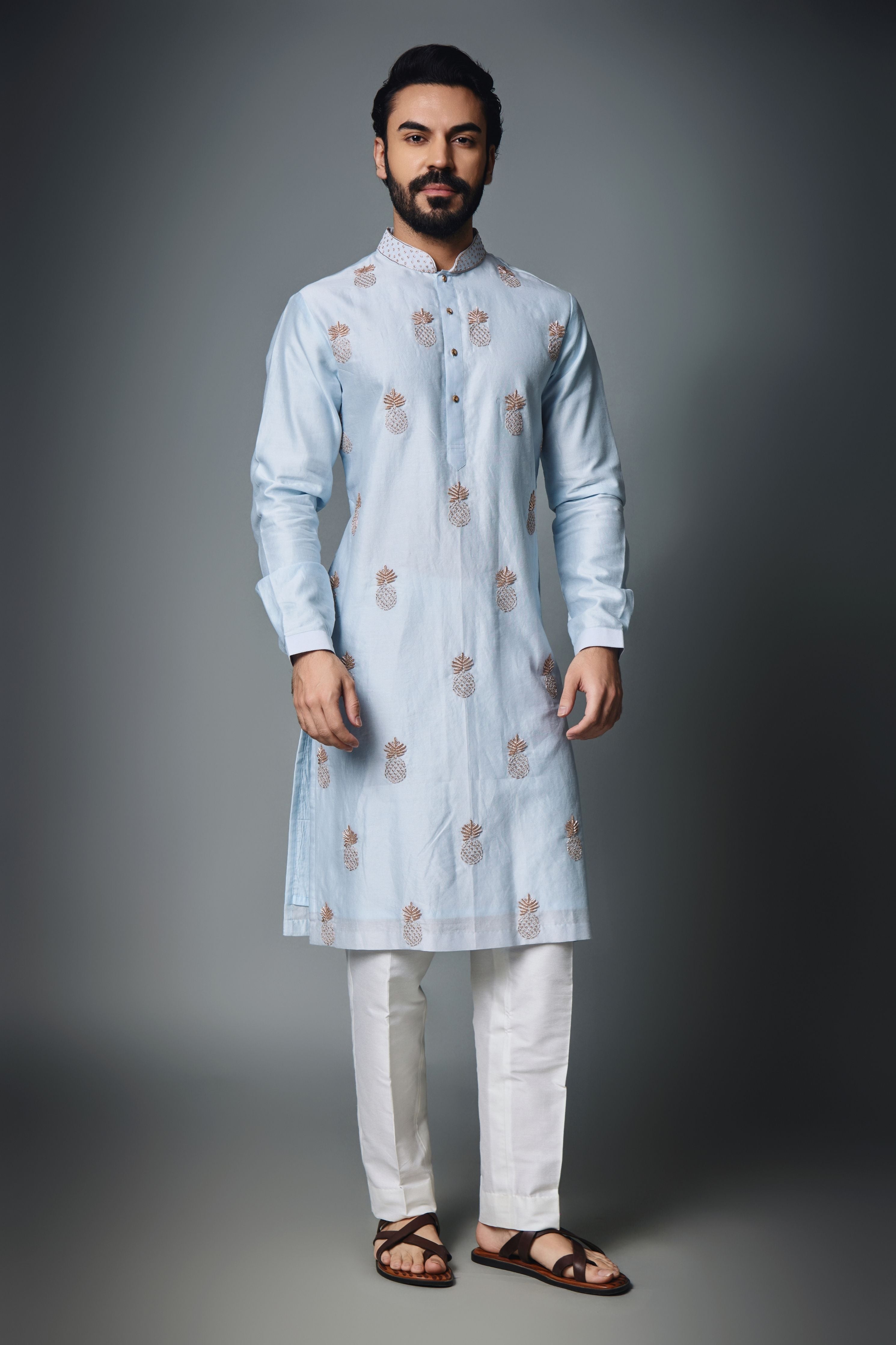 Blue Pineapple Embroidery Kurta Set