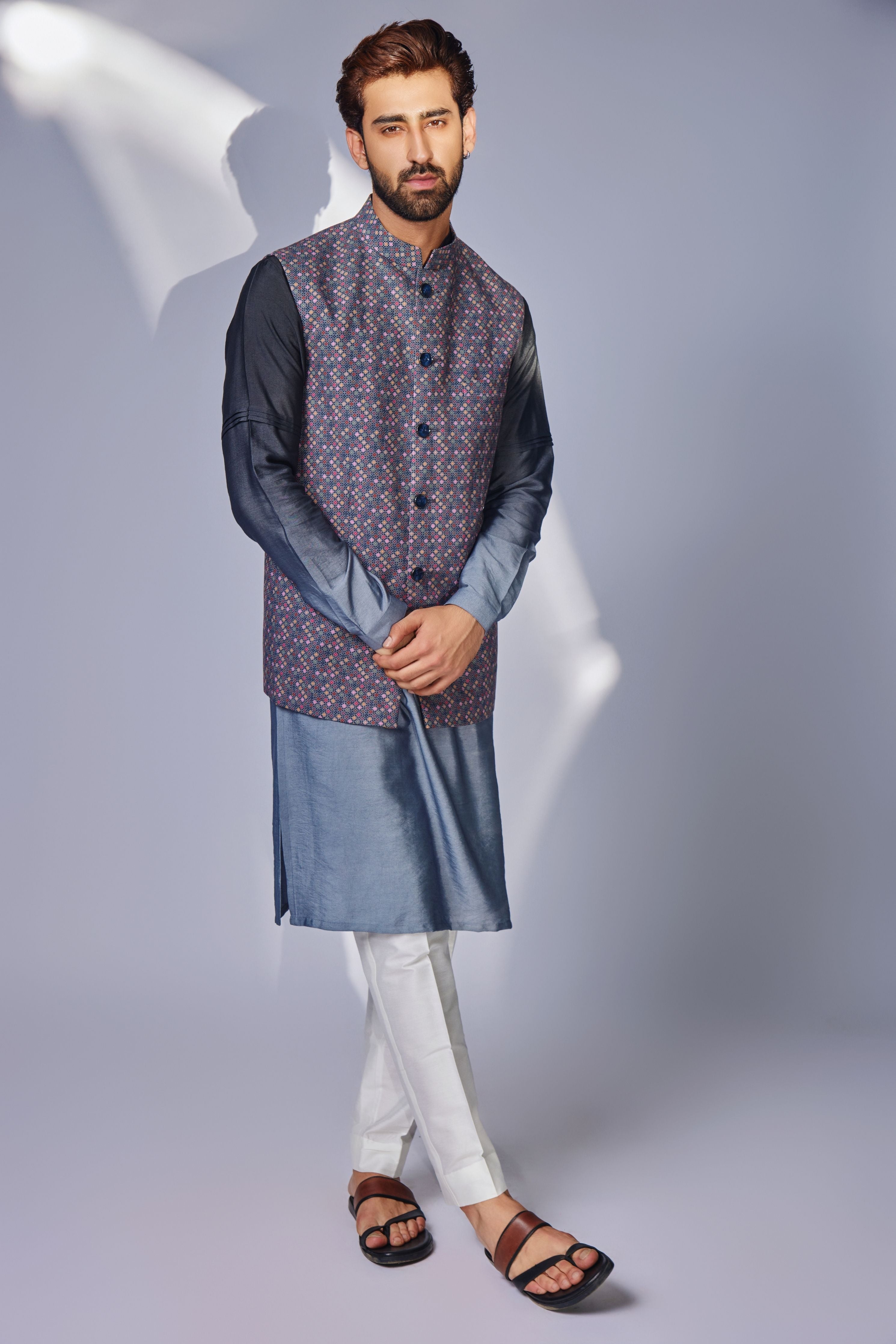 Grey Zhaki Print Nehru Jacket Set