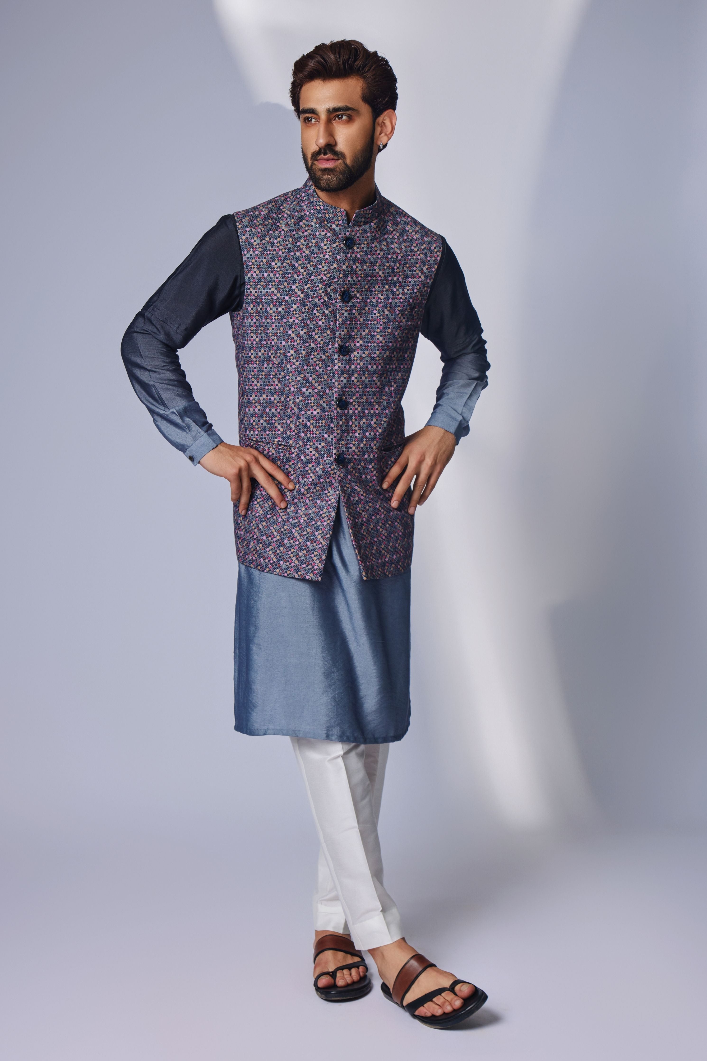 Grey Zhaki Print Nehru Jacket Set