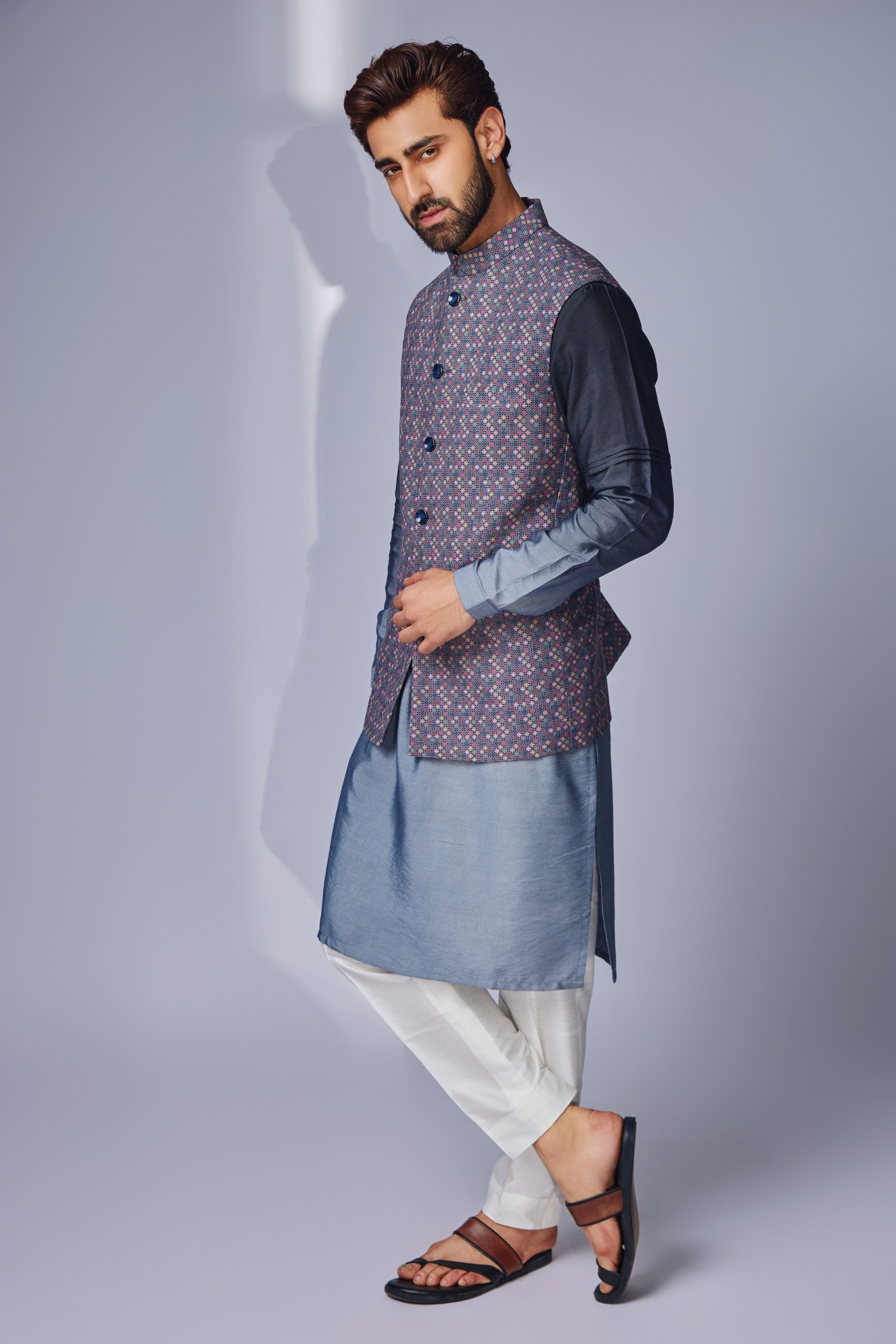 Grey Zhaki Print Nehru Jacket Set