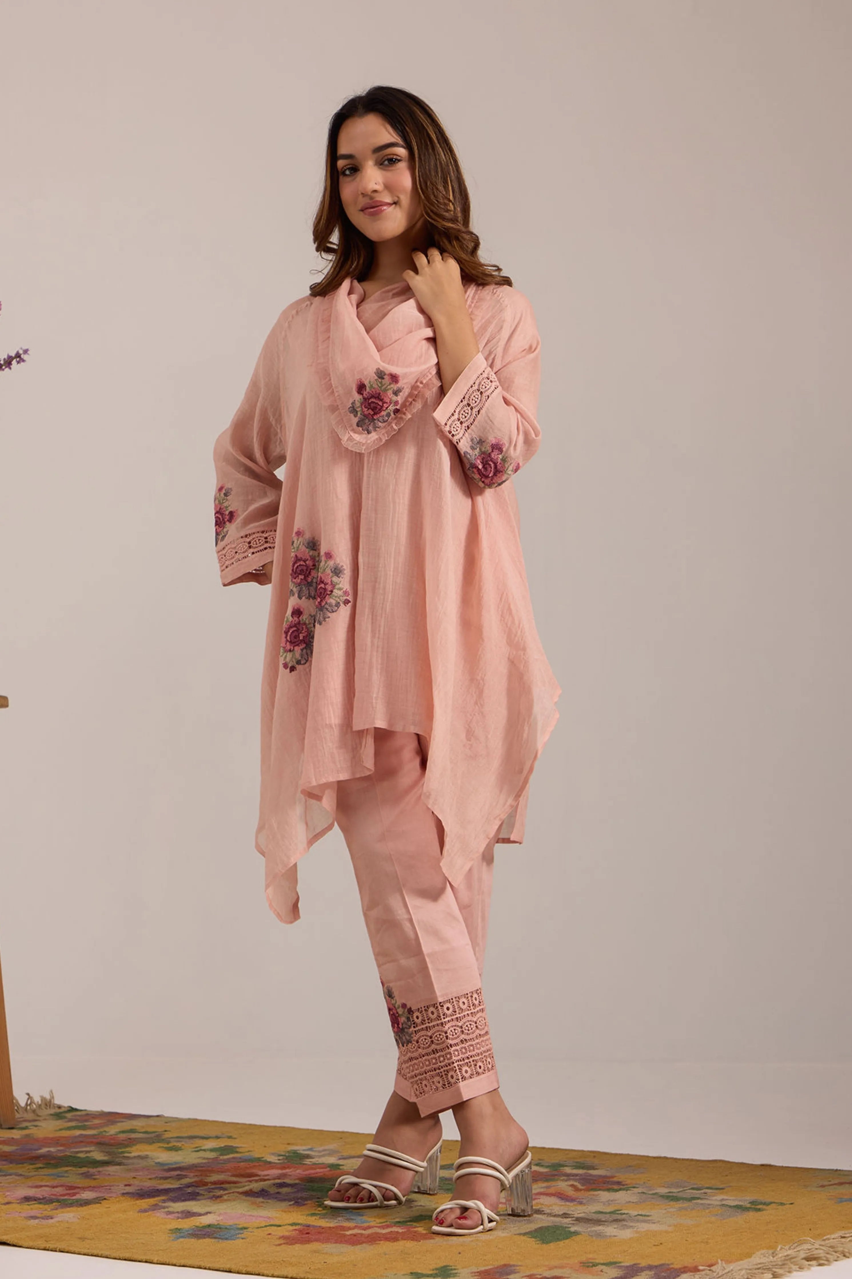 Pink Cowl Collar Tunic Set